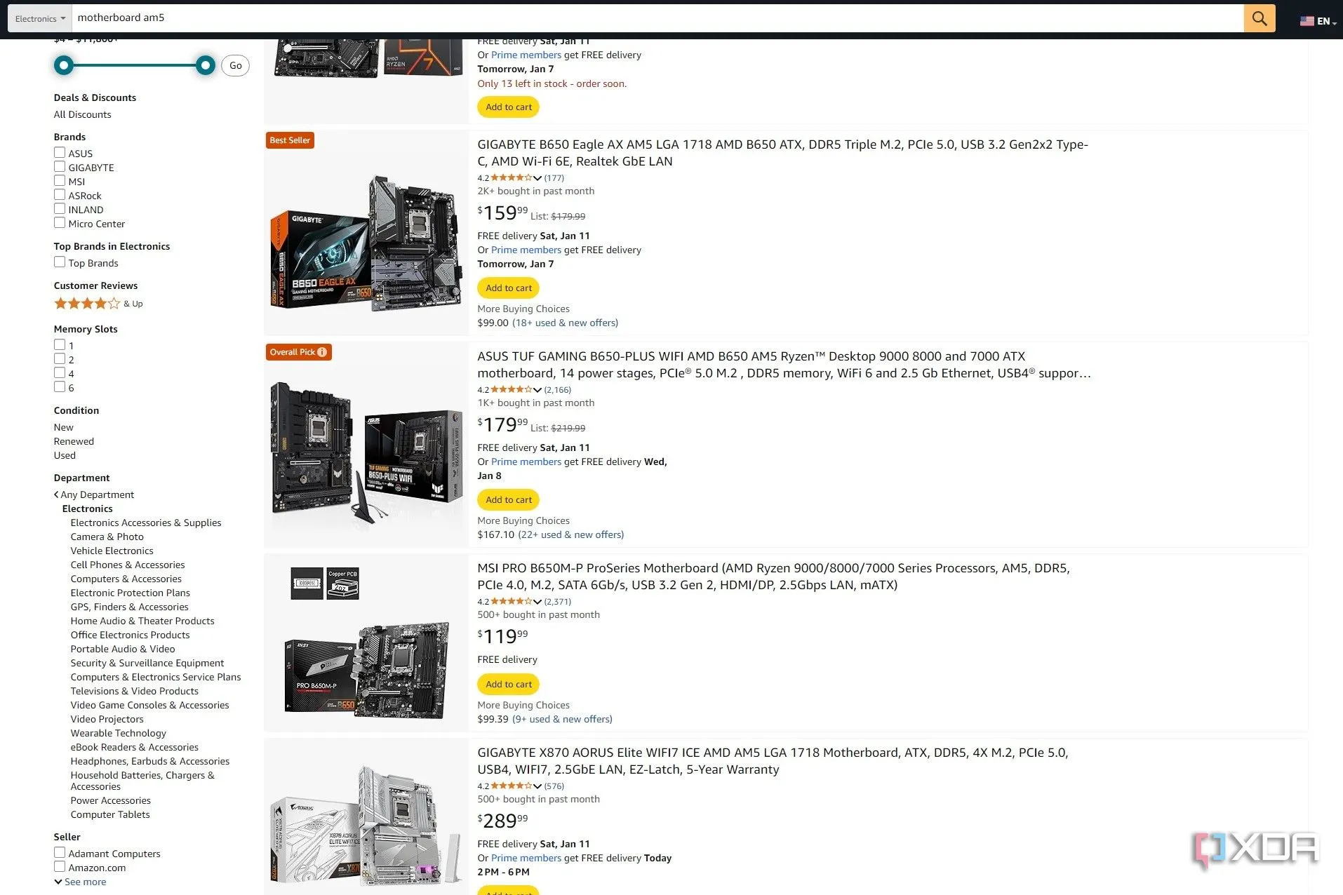 Kết quả tìm kiếm mainboard AM5 trên Amazon, cho thấy một đề xuất &quot;Overall Pick&quot; khác sau khi làm mới trang