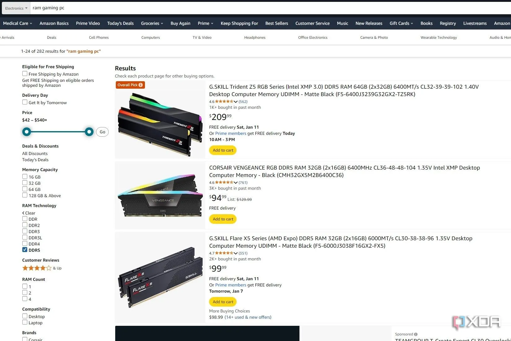 Kết quả tìm kiếm &quot;RAM PC gaming&quot; trên Amazon, hiển thị đề xuất &quot;Overall Pick&quot; với dung lượng và giá không phù hợp