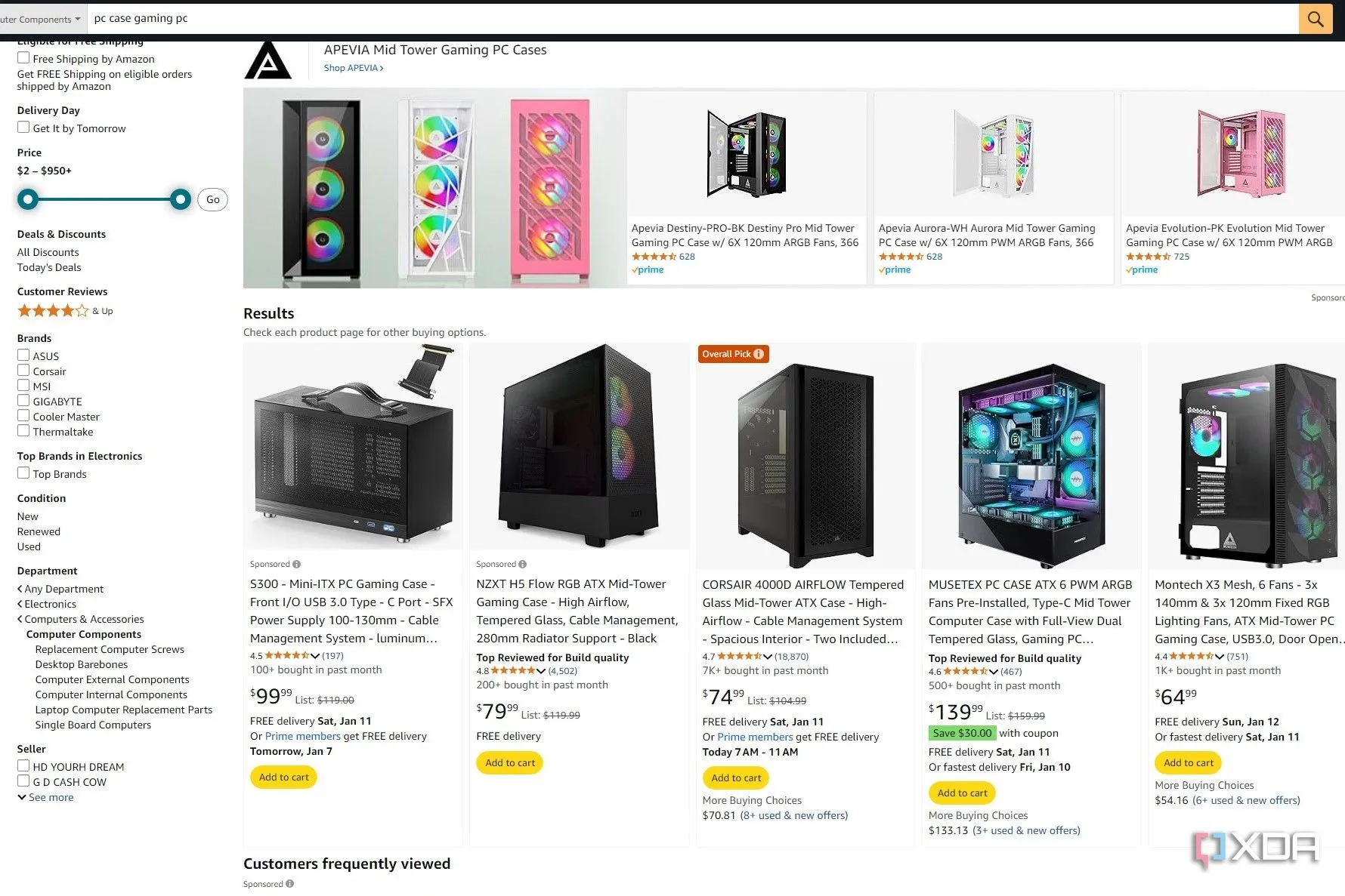 Kết quả tìm kiếm vỏ case PC gaming trên Amazon, hiển thị Corsair 4000D Airflow là &quot;Overall Pick&quot; đáng giá