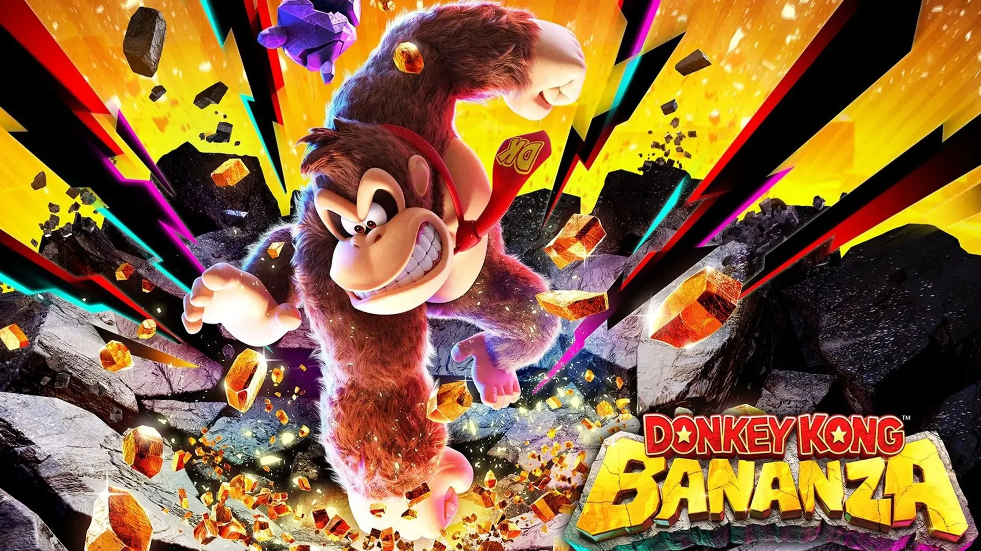 Key art tựa game Donkey Kong Bananza trên Nintendo Switch 2, gợi ý về một tựa game platforming đầy màu sắc.