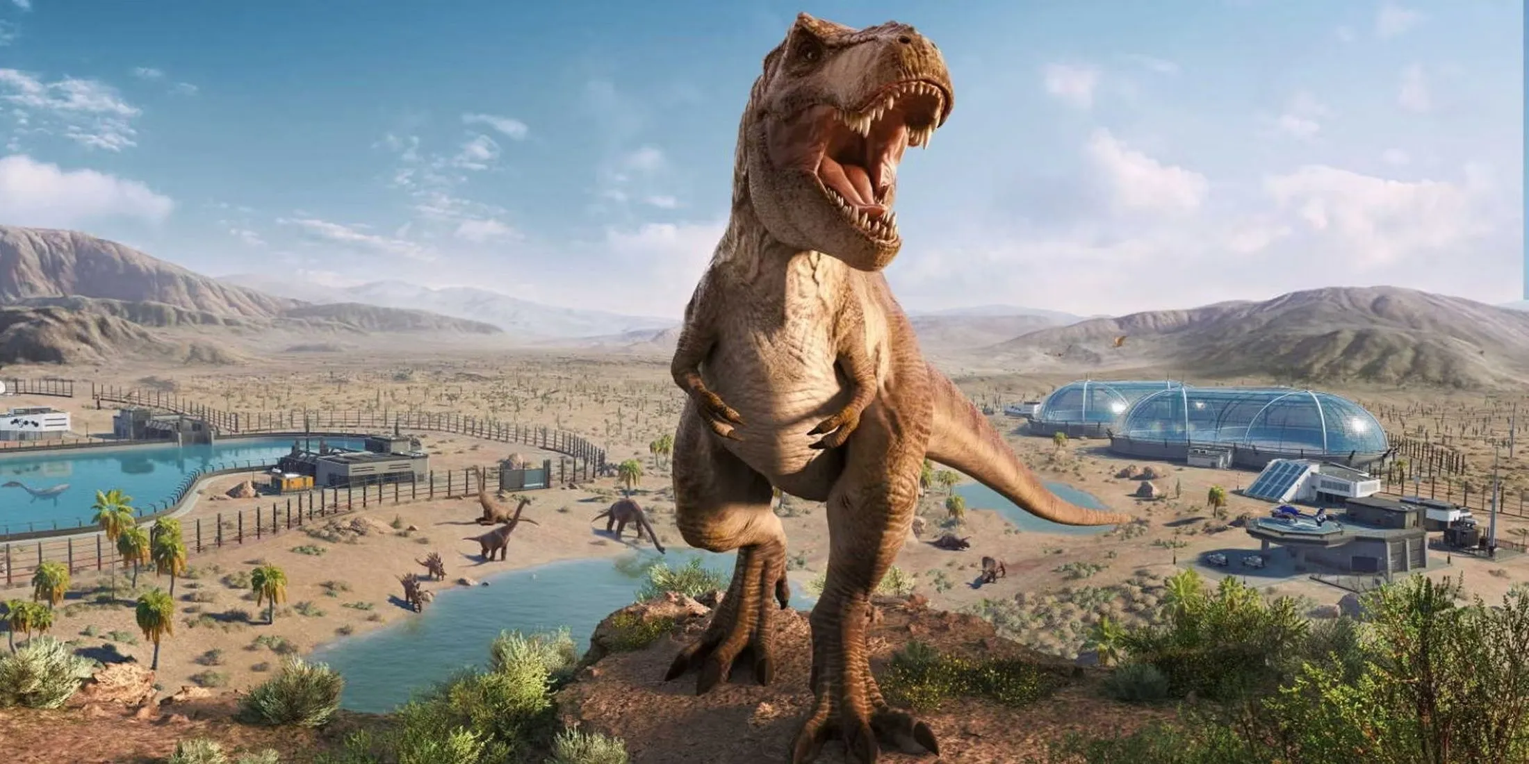 Khung cảnh công viên khủng long trong game Jurassic World Evolution 2