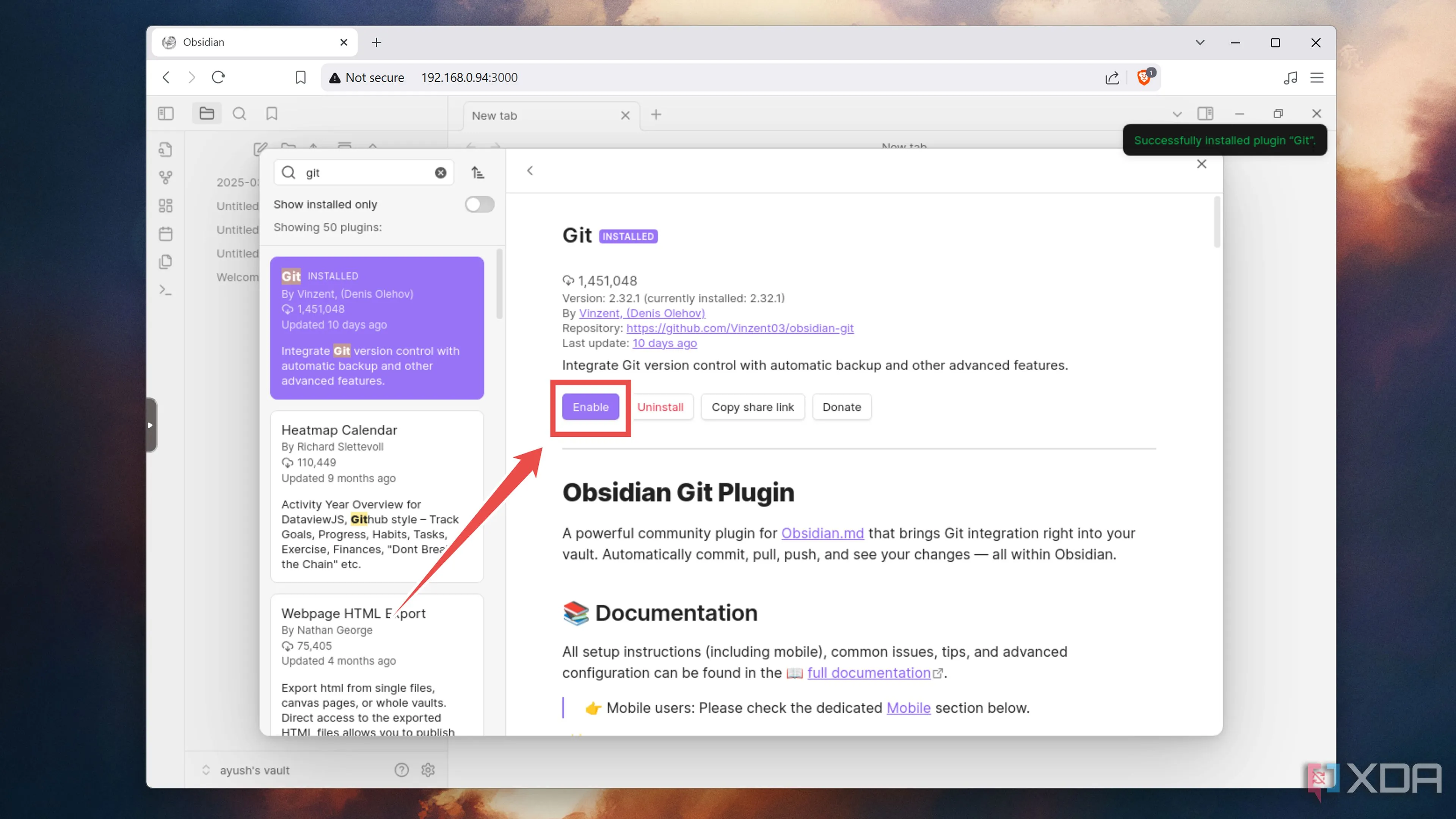 Kích hoạt plugin Git đã cài đặt trong Obsidian