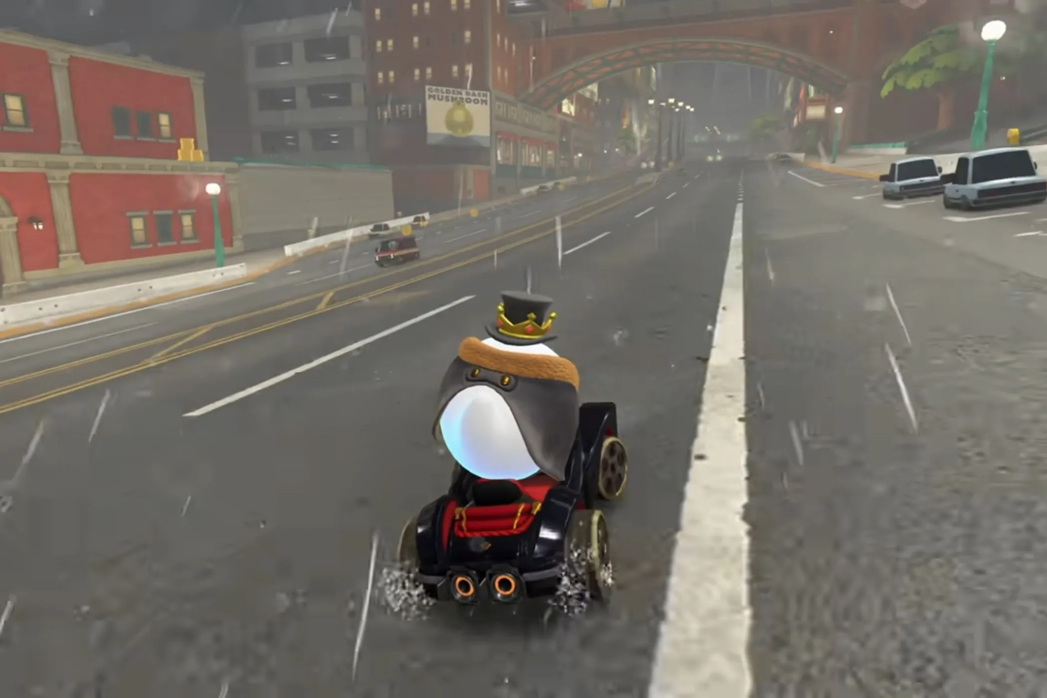 King Boo lái xe qua Crown City trong cơn mưa trong Mario Kart World