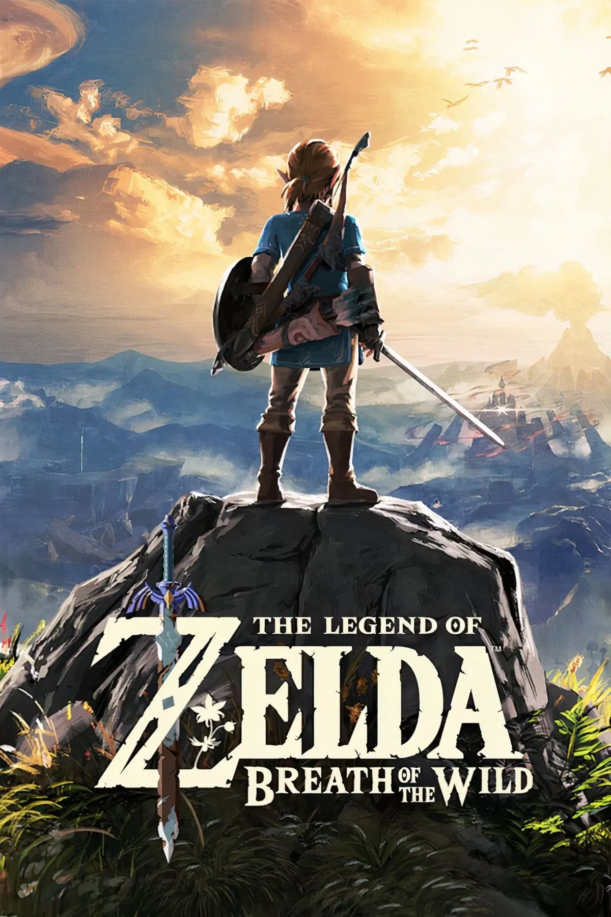 Link đứng trên vách đá nhìn ra thế giới mở rộng lớn trong The Legend of Zelda: Breath of the Wild.