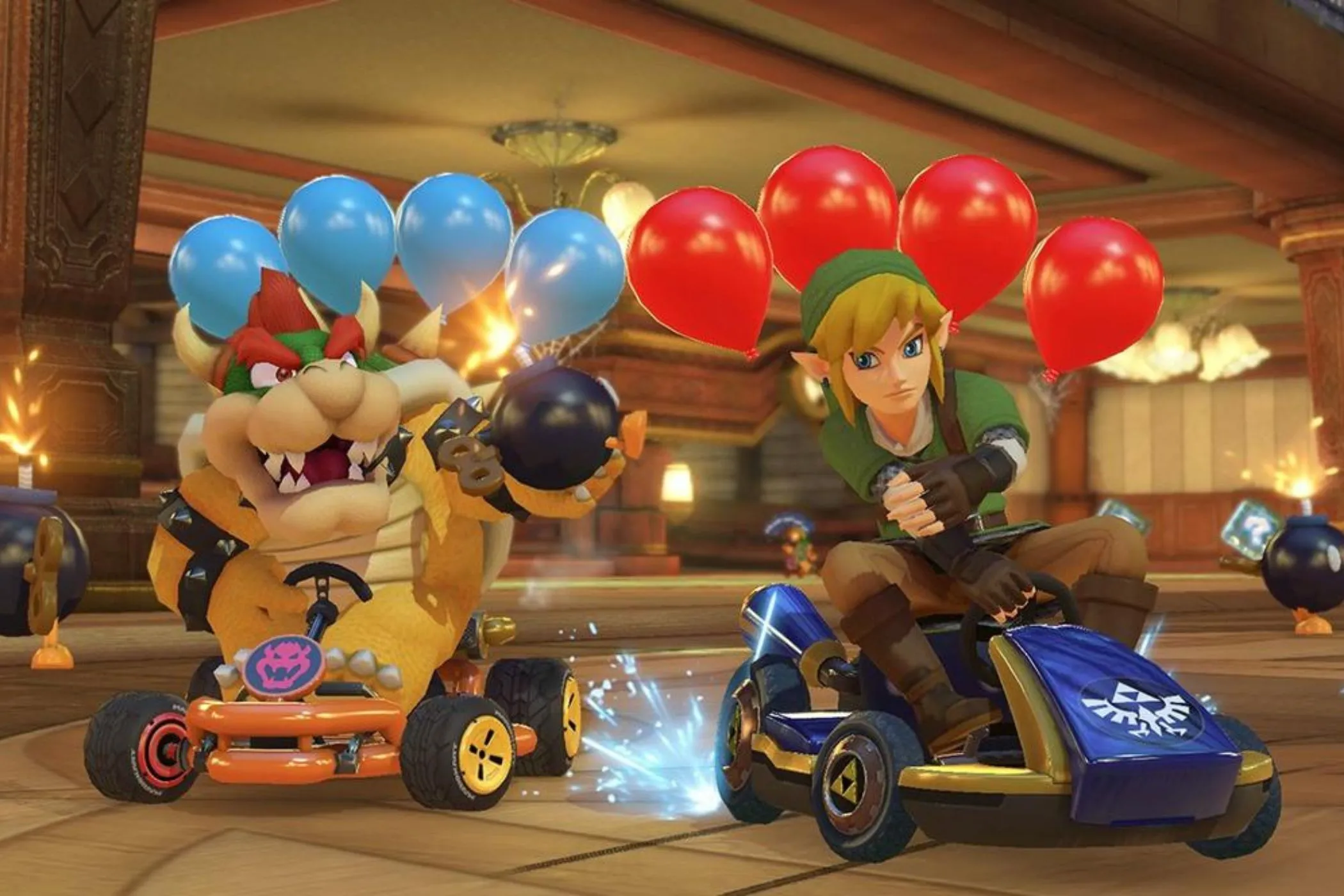 Link và Bowser đang đua xe kart trên đường đua của Mario Kart 8 Deluxe