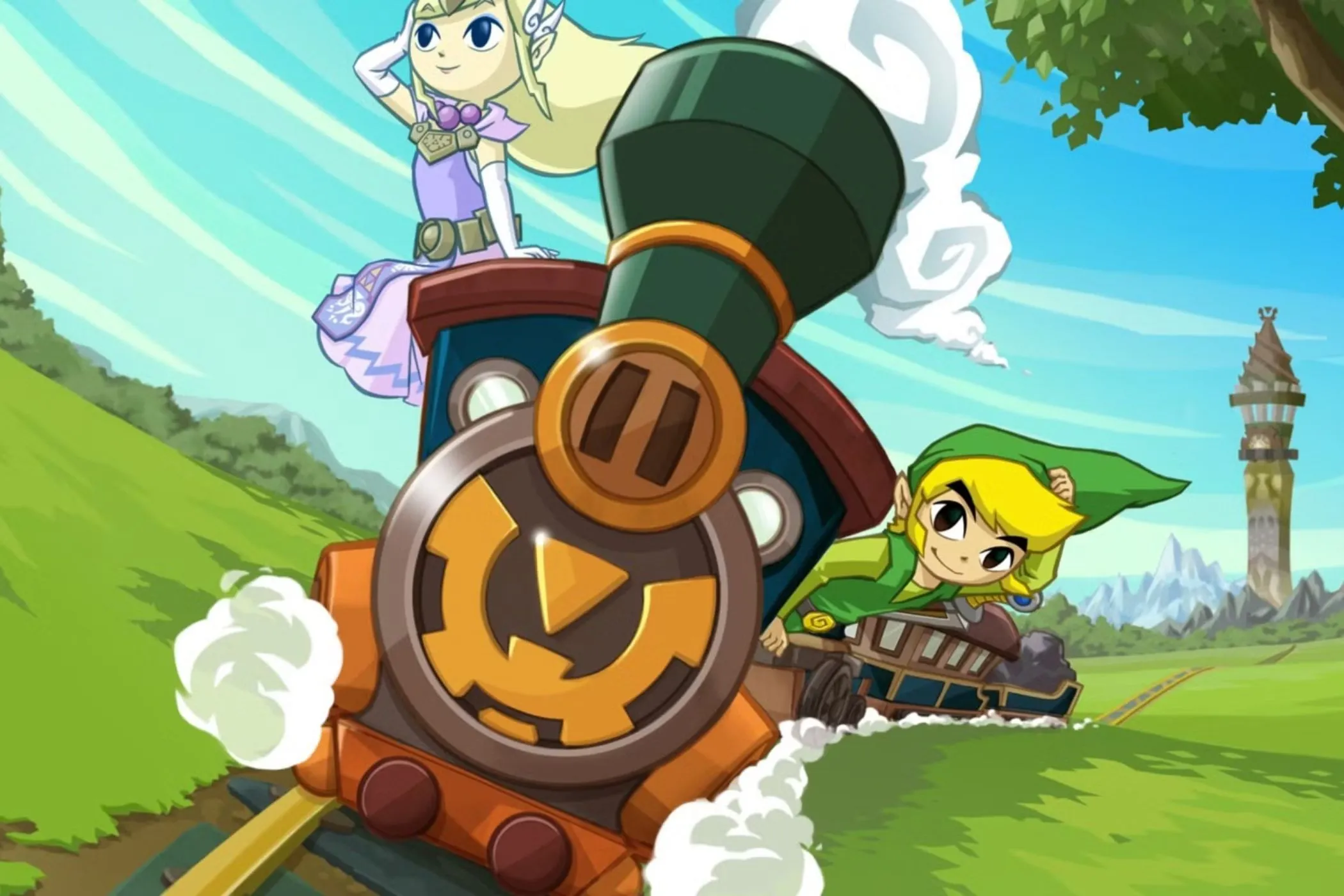 Link và Zelda điều khiển tàu hỏa trong game The Legend of Zelda Spirit Tracks