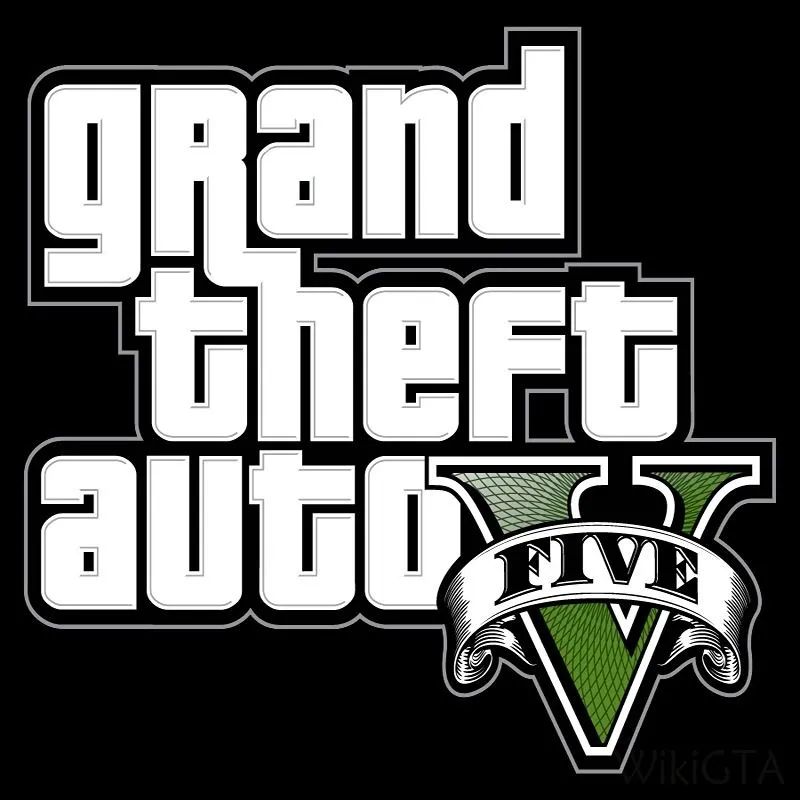Logo của trò chơi điện tử Grand Theft Auto V, nổi bật với màu vàng và hình ảnh máy bay.