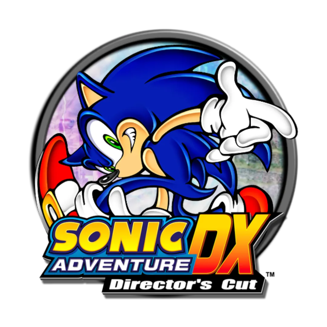 Logo game Sonic Adventure DX với hình ảnh Sonic đang chạy tốc độ cao, thể hiện sự năng động và màu sắc đặc trưng