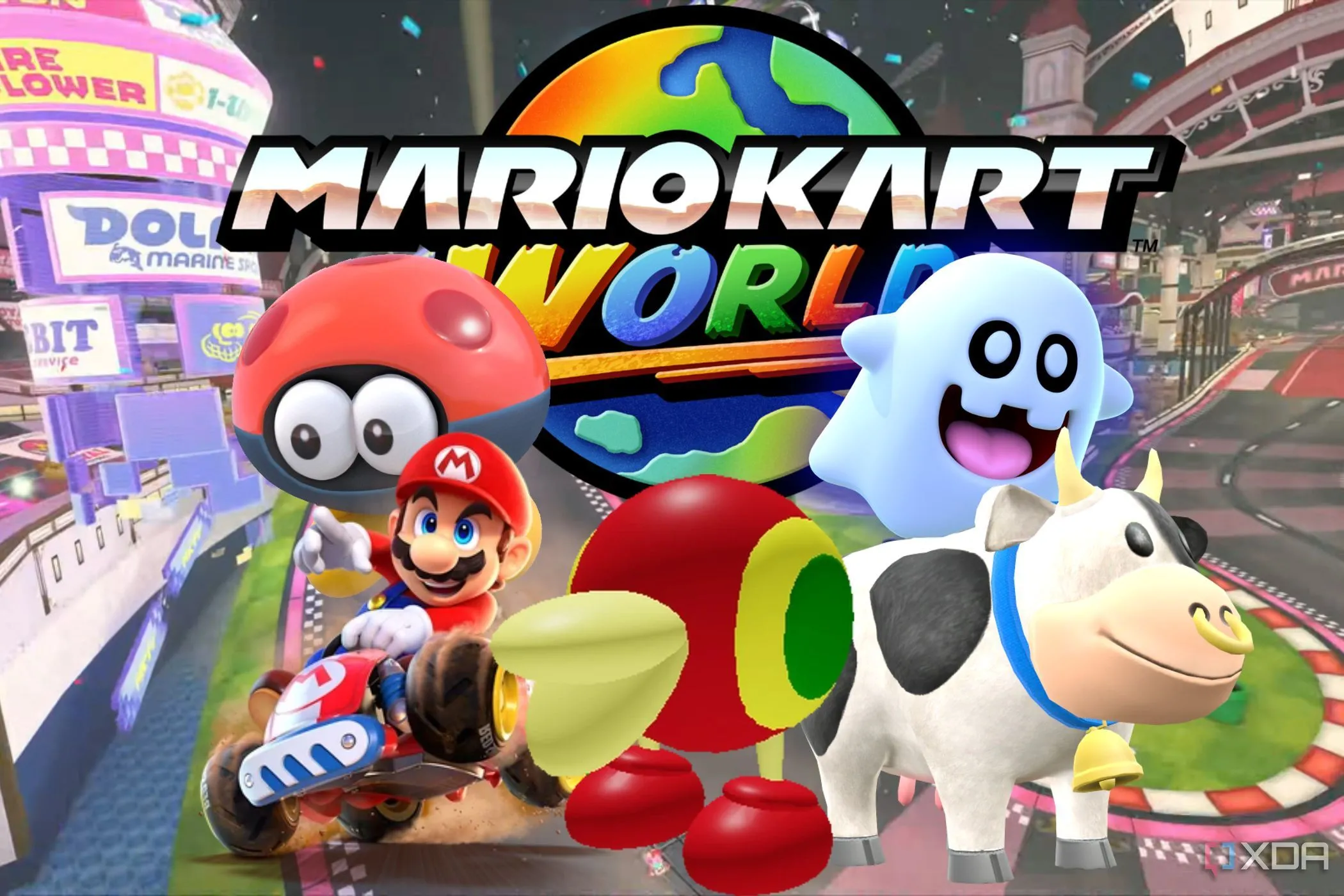 Logo Mario Kart World nổi bật cùng các nhân vật ít phổ biến, gợi ý về sự mở rộng dàn nhân vật trong game mới.