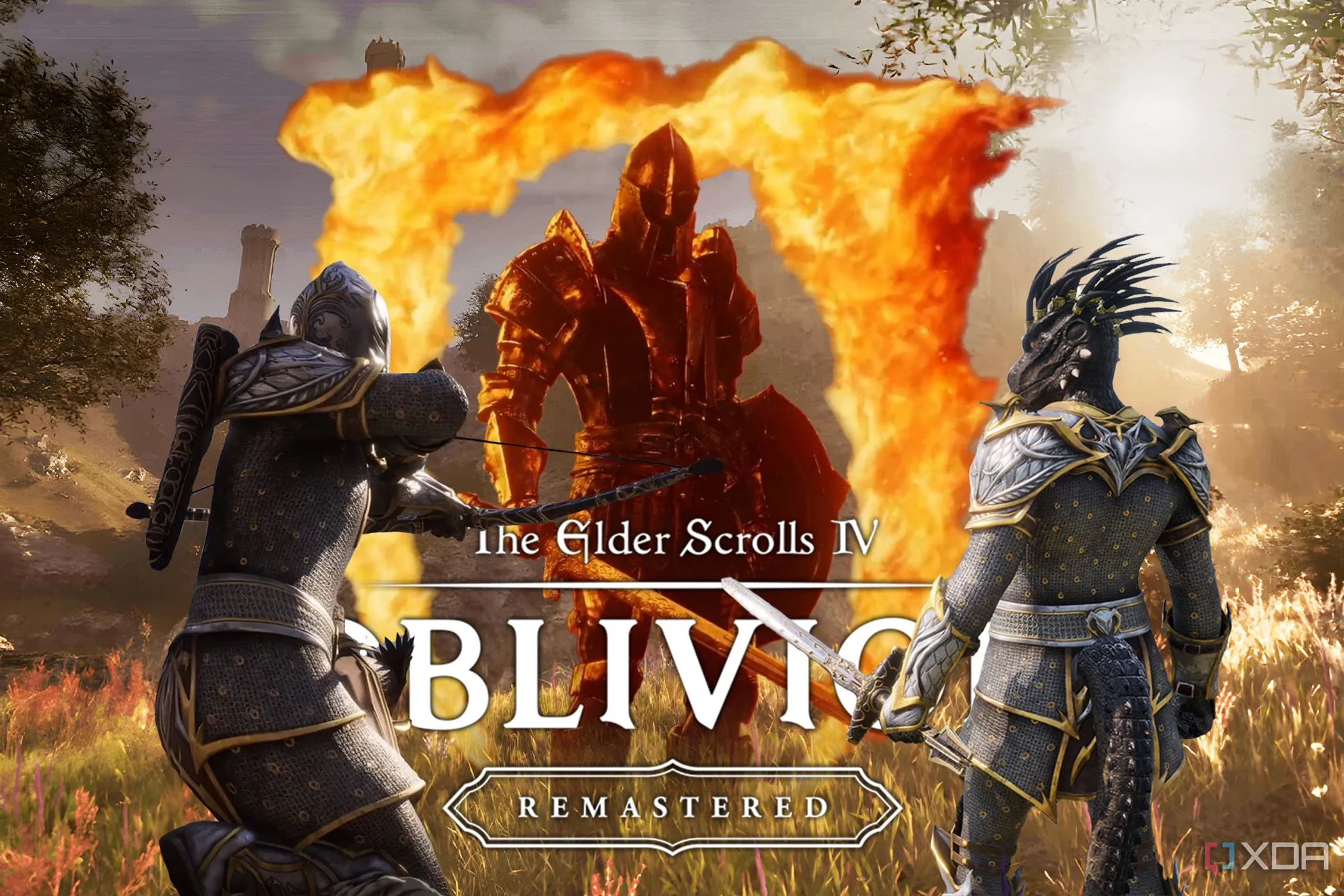 Logo Oblivion Remastered với các nhân vật quen thuộc của The Elder Scrolls IV
