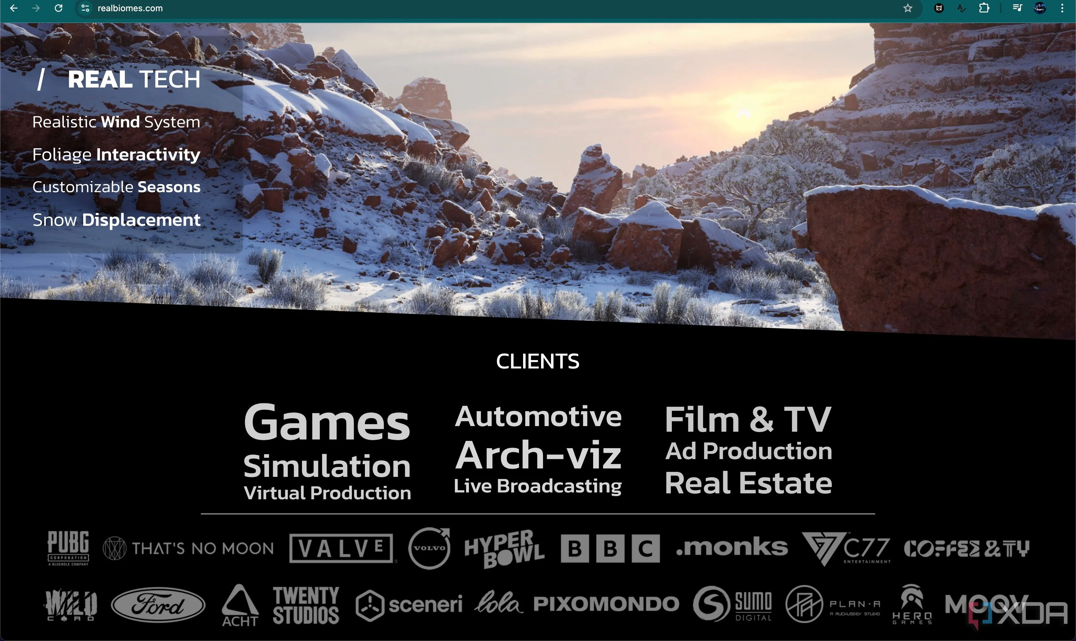 Logo RealBiomes và danh sách khách hàng, trong đó có Valve, gợi ý về công nghệ tạo môi trường