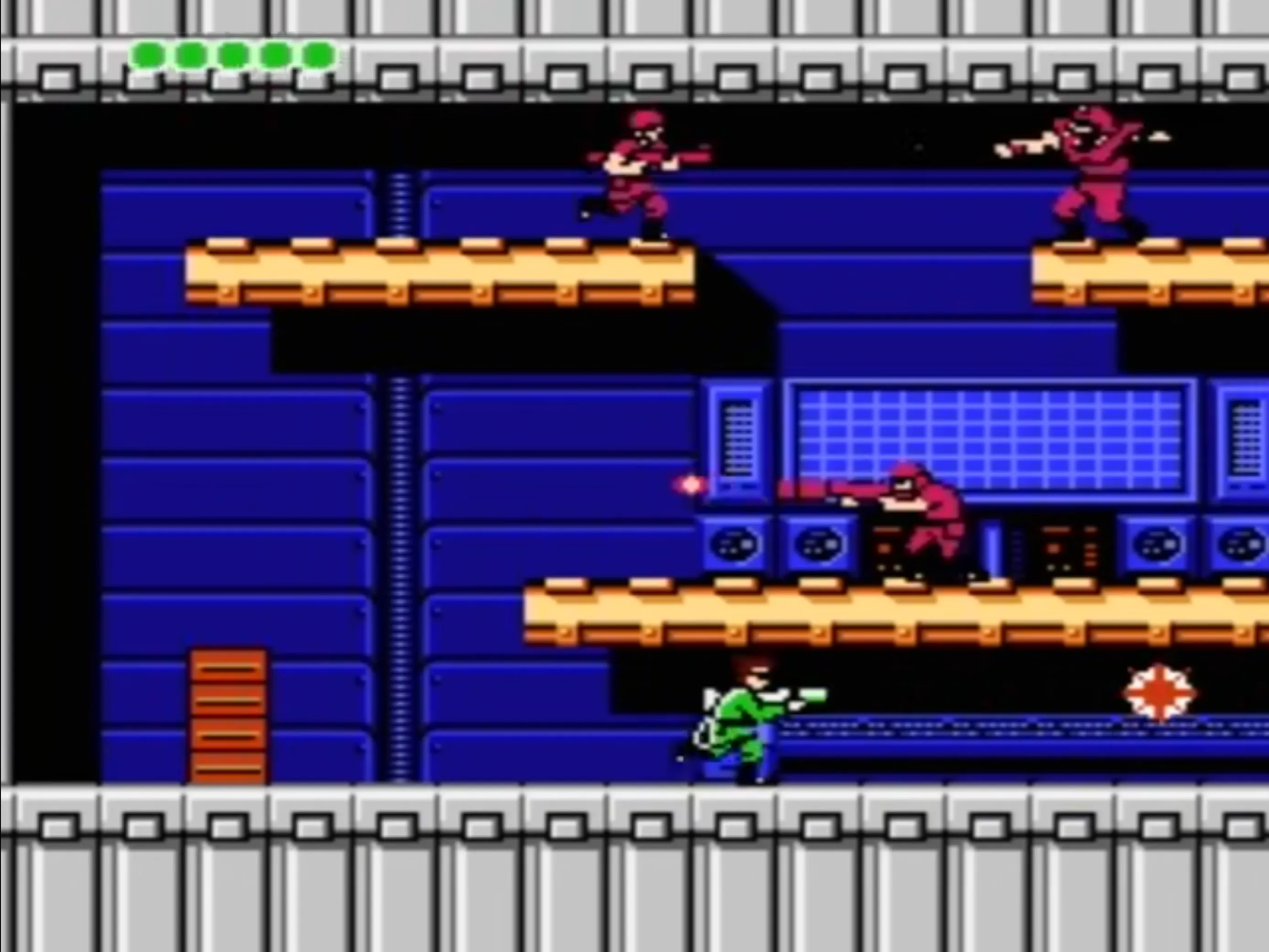 Lối chơi đặc trưng trong Bionic Commando trên NES với nhân vật đu dây qua chướng ngại vật