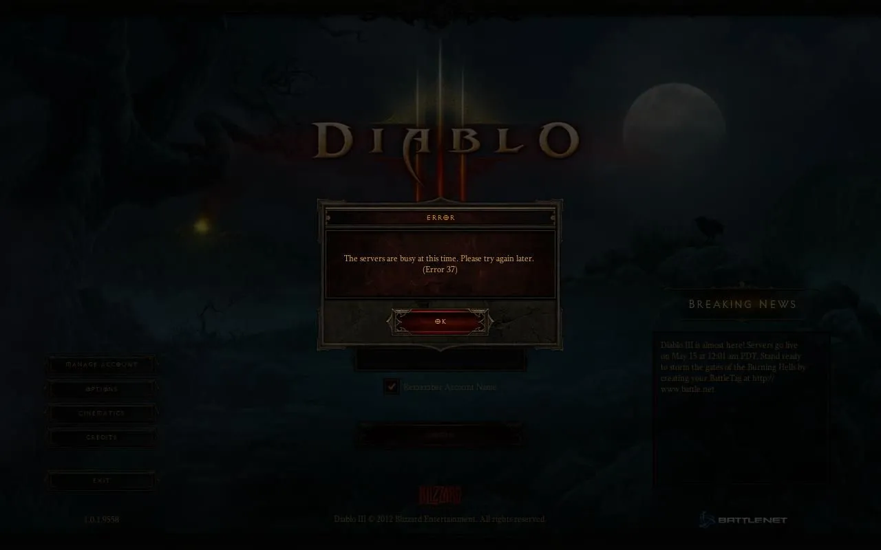 Lỗi Error 37 khi truy cập Diablo III ngày ra mắt năm 2012