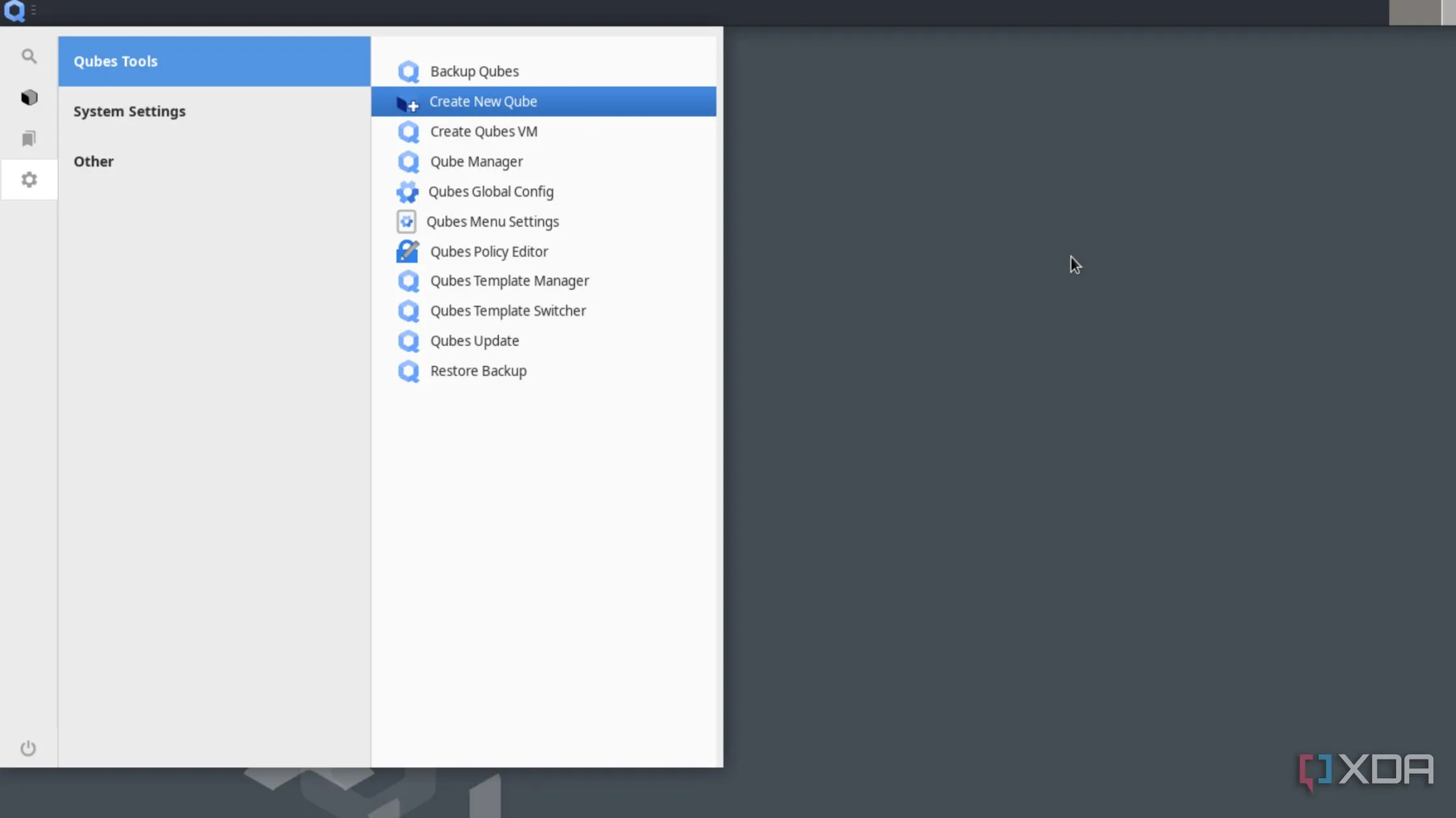 Lựa chọn 'Create New Qube' trong menu Qubes Tools để tạo môi trường cô lập mới