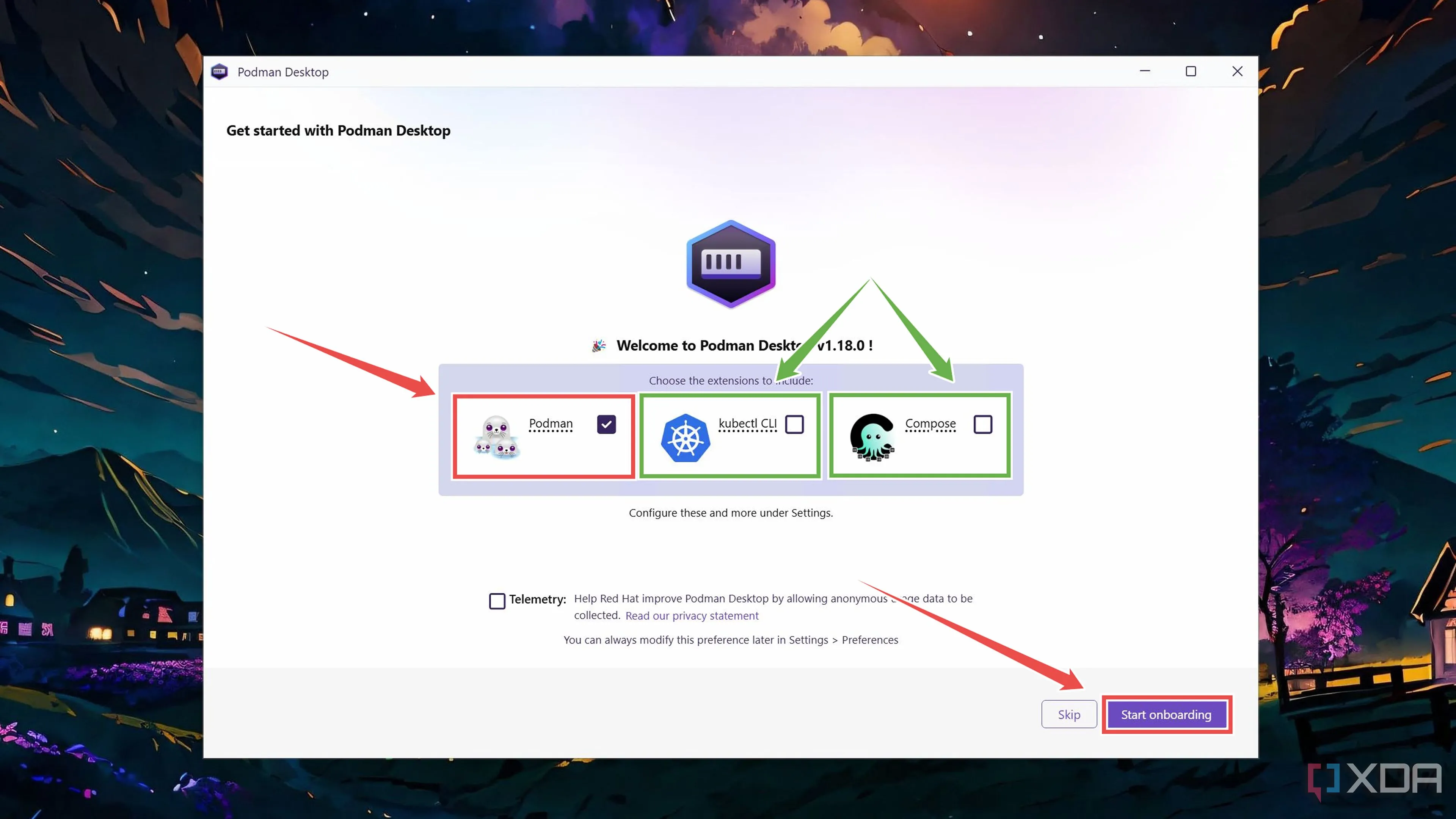 Lựa chọn tiện ích mở rộng Podman trong quá trình cài đặt Podman Desktop