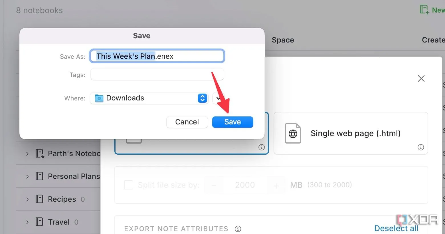 Lưu sổ ghi chú Evernote đã xuất