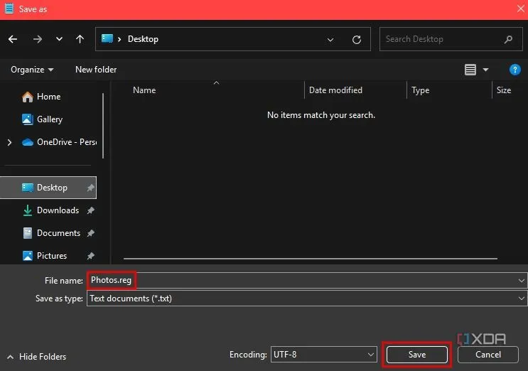 Lưu tệp Notepad với tên 'Photos.reg' và phần mở rộng .reg để thêm vào Registry