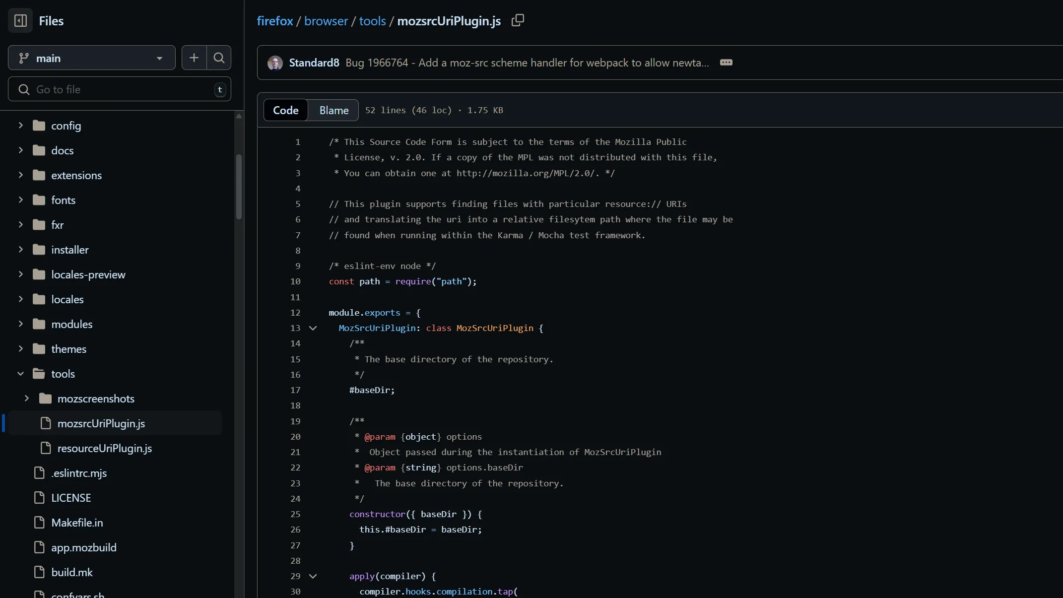 Mã nguồn của trình duyệt Firefox hiển thị trên giao diện GitHub