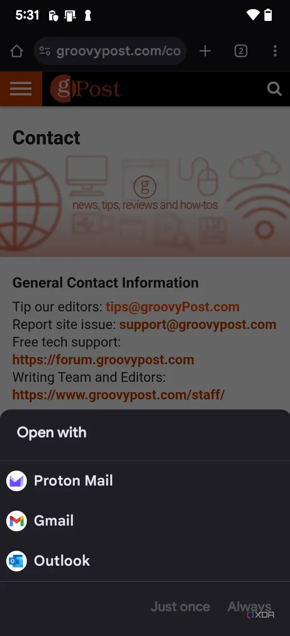 Màn hình Android hiển thị tùy chọn để chọn Proton Mail làm ứng dụng mặc định cho các liên kết email (MailTo).