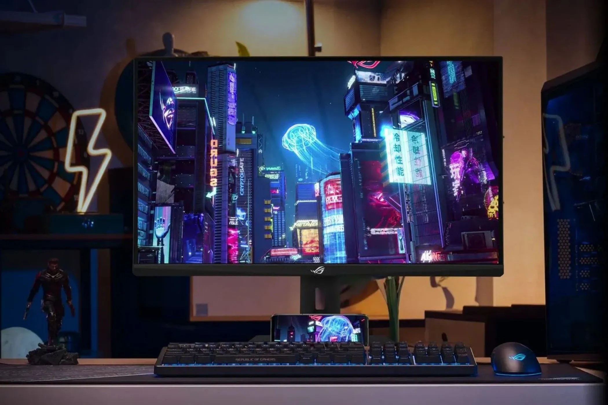 Màn hình ASUS ROG Strix XG27UCG cùng thiết bị ngoại vi chuyên nghiệp trên bàn