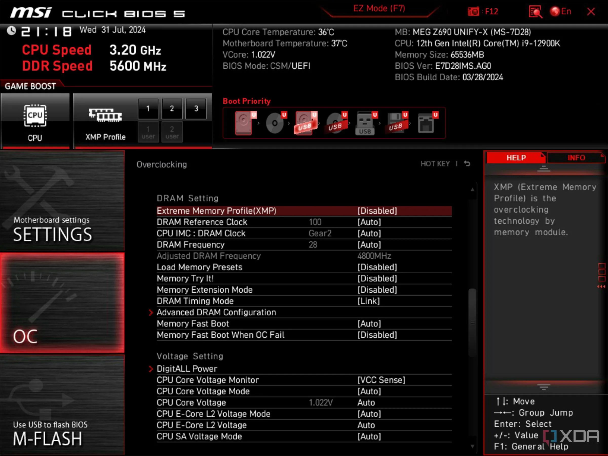 Màn hình BIOS UEFI của MSI hiển thị trạng thái XMP đã bị tắt, ảnh hưởng đến hiệu suất RAM.