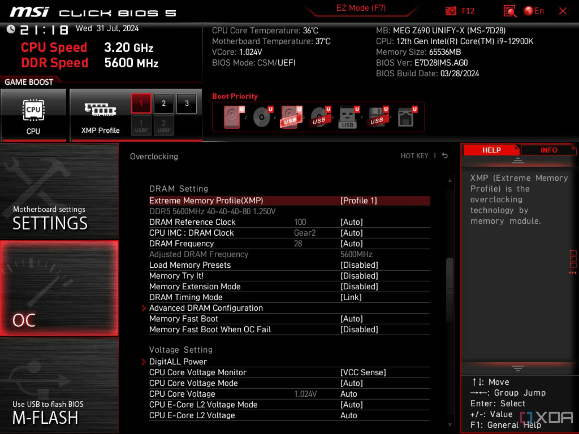 Màn hình BIOS UEFI của MSI hiển thị tùy chọn Intel XMP (Extreme Memory Profile) đã được kích hoạt, tối ưu tốc độ bộ nhớ RAM cho hiệu suất chơi game.