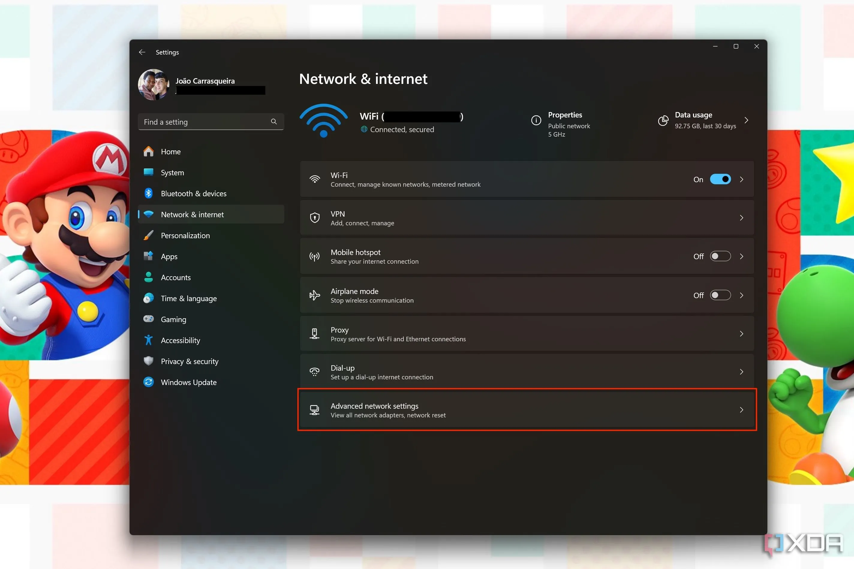 Màn hình cài đặt mạng và Internet nâng cao trên Windows 11, với nút &quot;Cài đặt mạng nâng cao&quot; được tô sáng