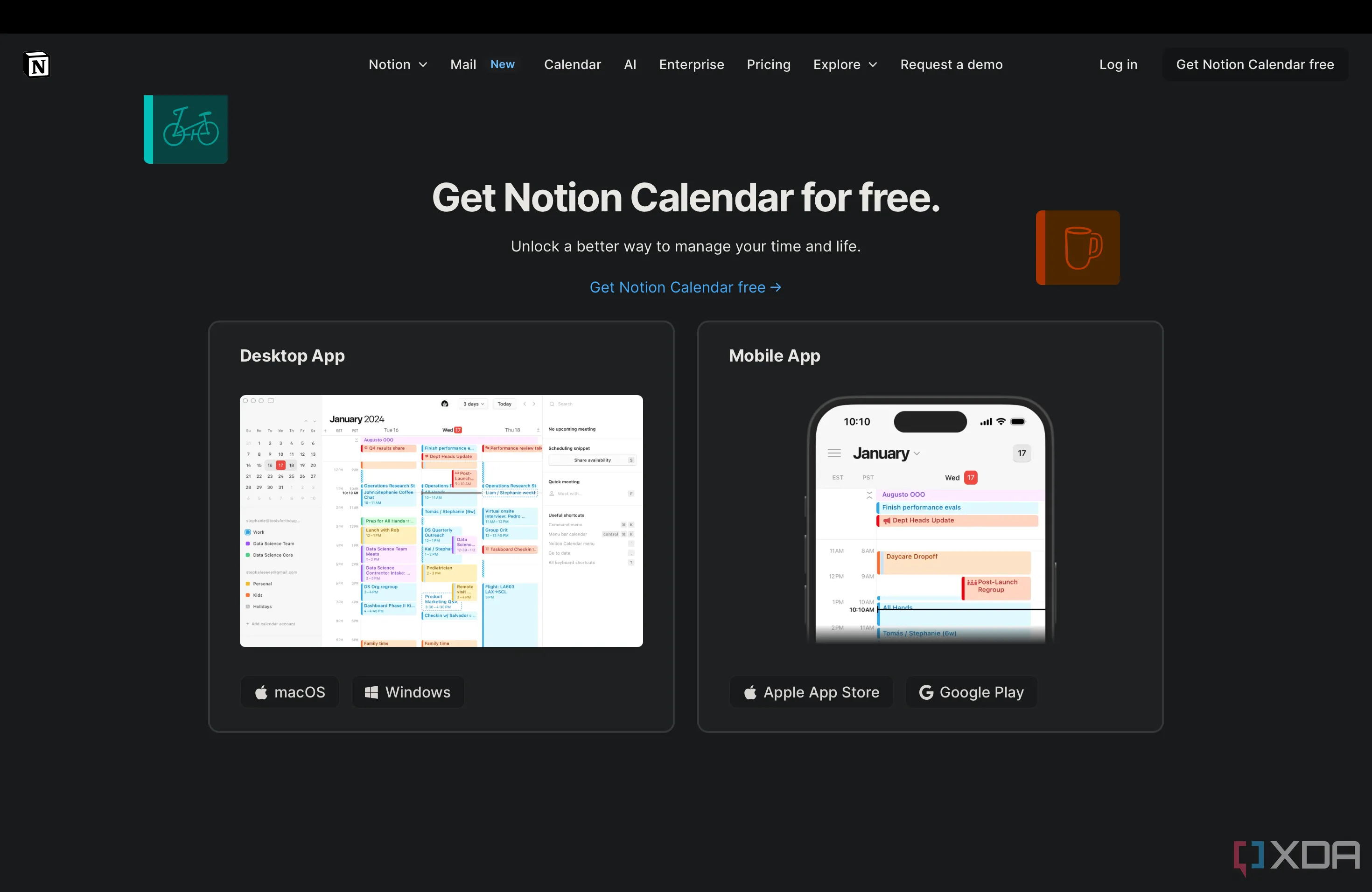 Màn hình cài đặt tính năng lịch trên thanh Menu của Notion Calendar, giúp truy cập nhanh các sự kiện