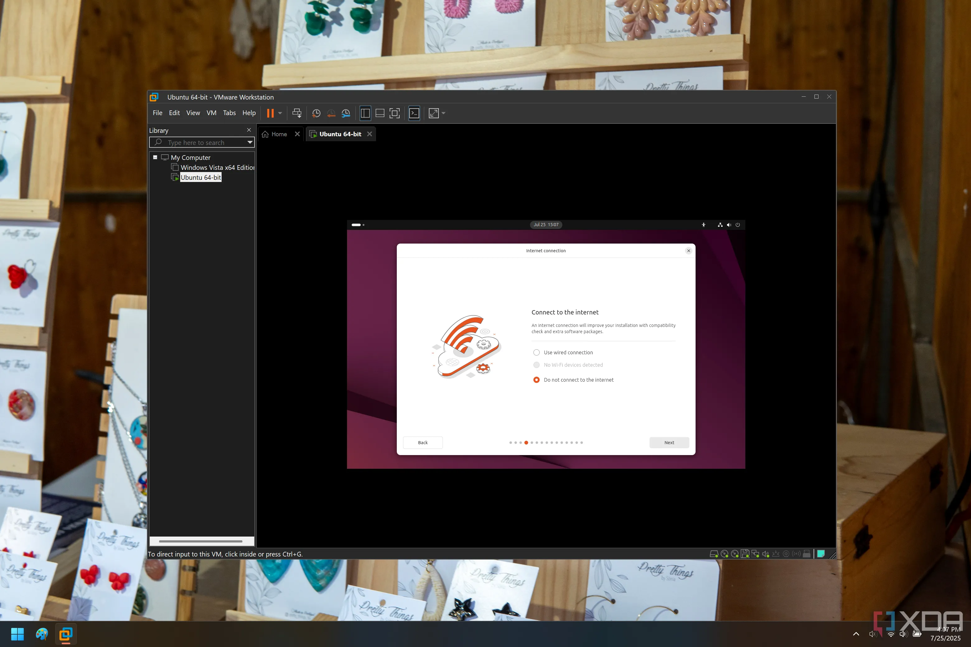 Màn hình cài đặt Ubuntu trong máy ảo cho thấy tùy chọn kết nối internet