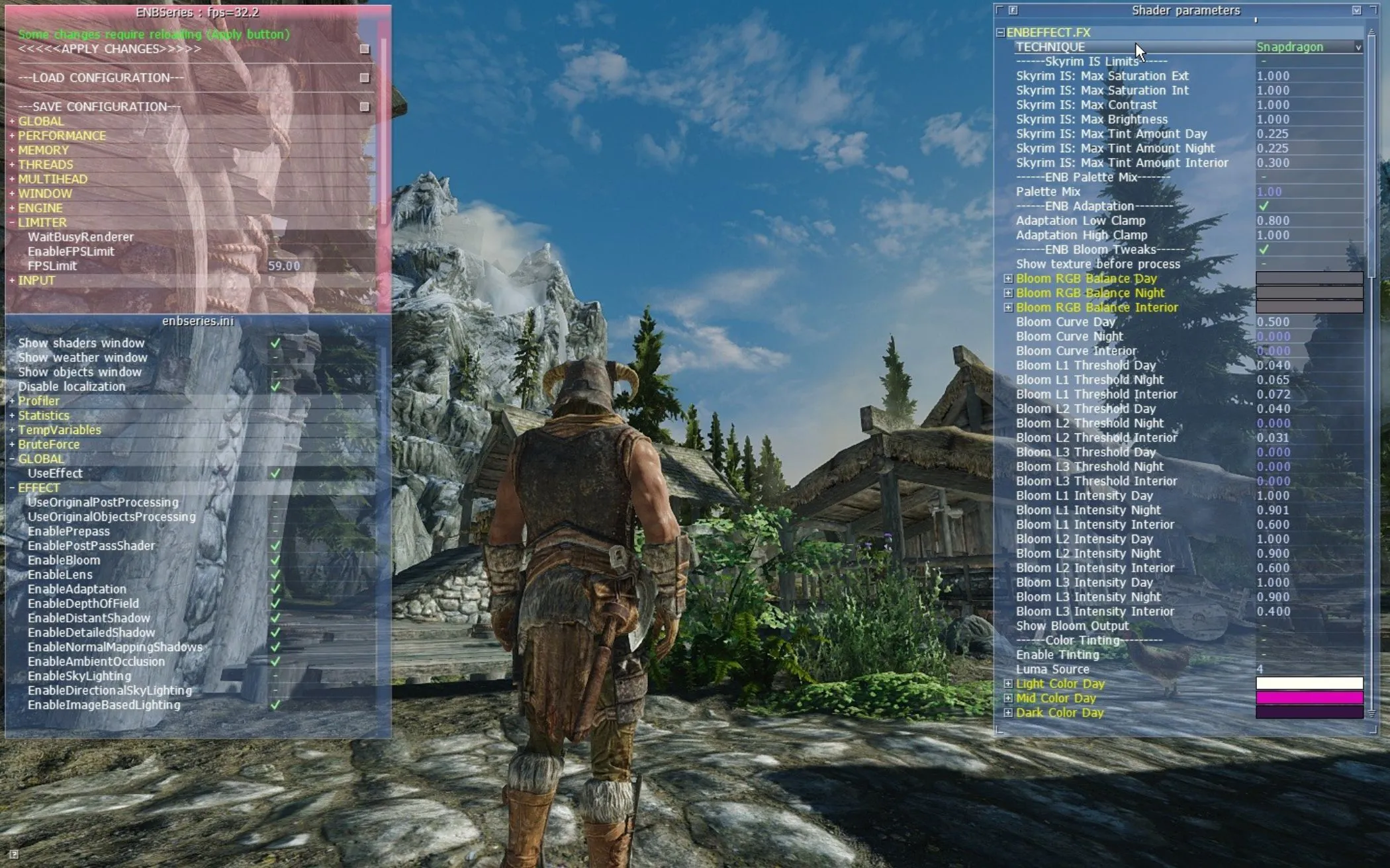 Màn hình cấu hình ENBSeries đang mở trong game Skyrim, cho phép tùy chỉnh các hiệu ứng đồ họa hậu kỳ.
