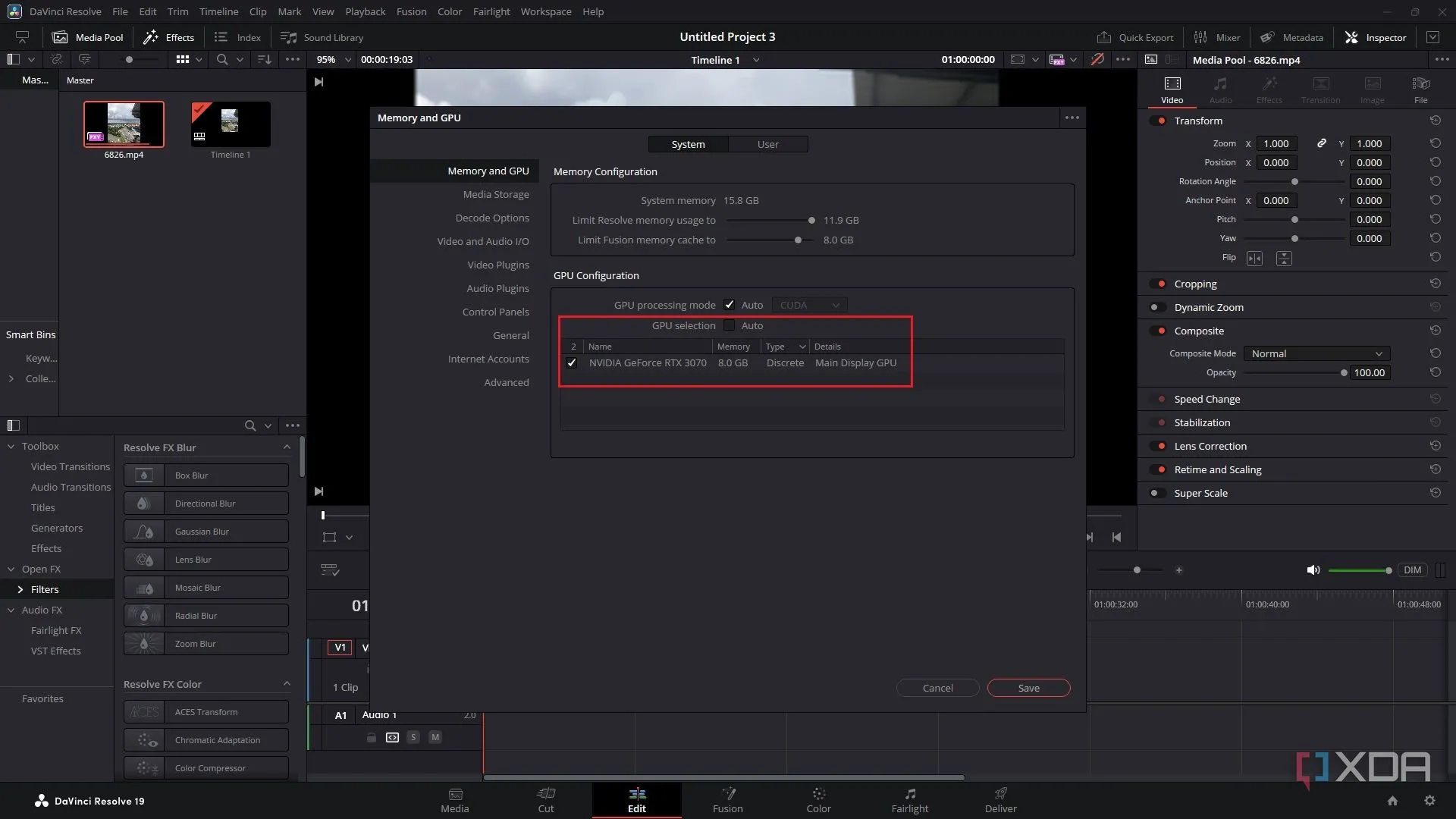 Màn hình cấu hình GPU trong DaVinci Resolve, cho phép chọn GPU rời để tăng hiệu suất