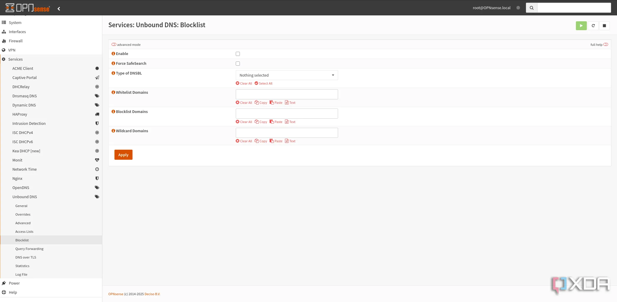 Màn hình cấu hình tính năng chặn (blocklist) của Unbound DNS trong OPNsense