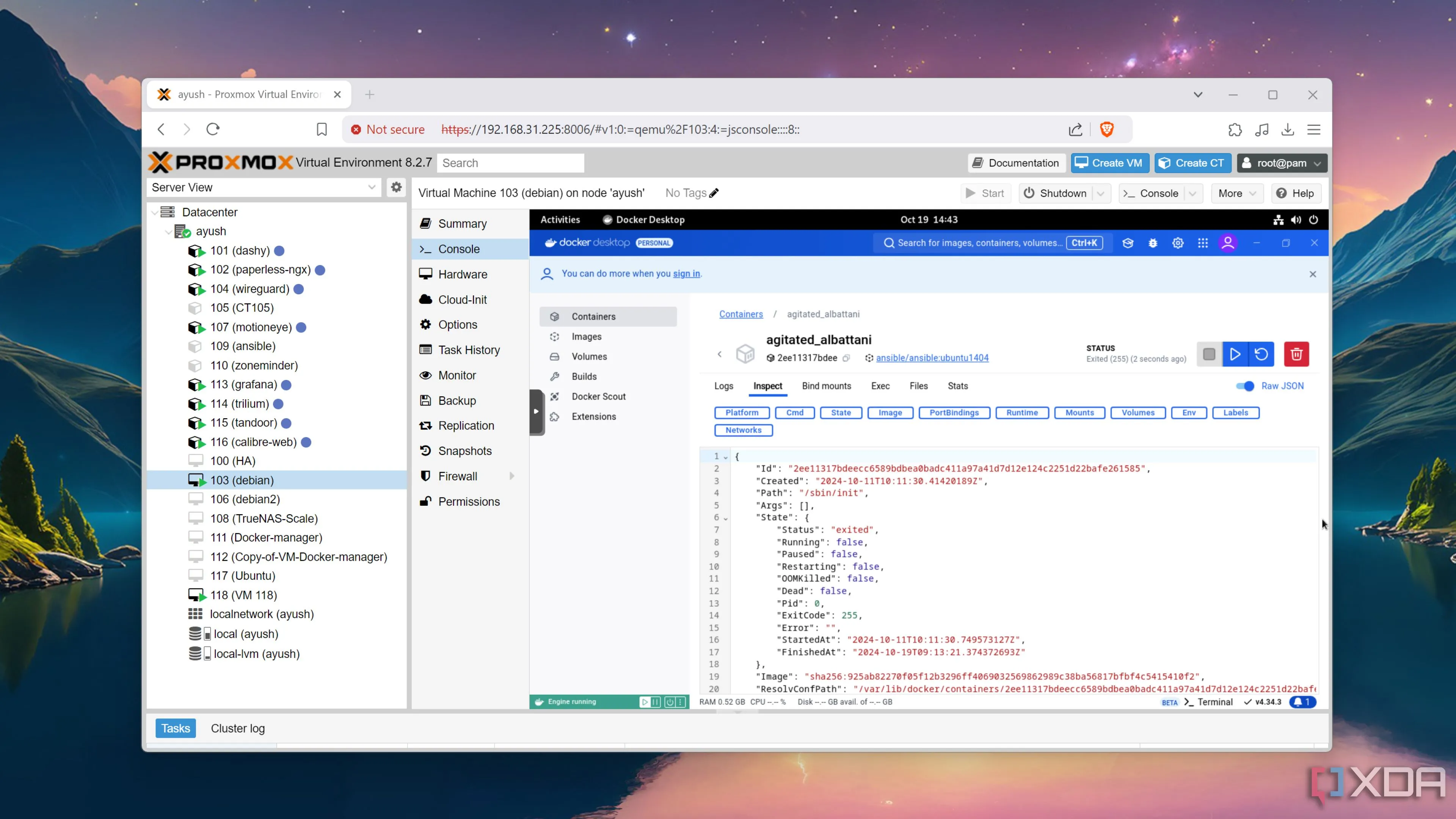 Màn hình chạy Docker Desktop bên trong máy ảo Debian trên server Proxmox, minh họa môi trường thử nghiệm Docker cho người mới bắt đầu.