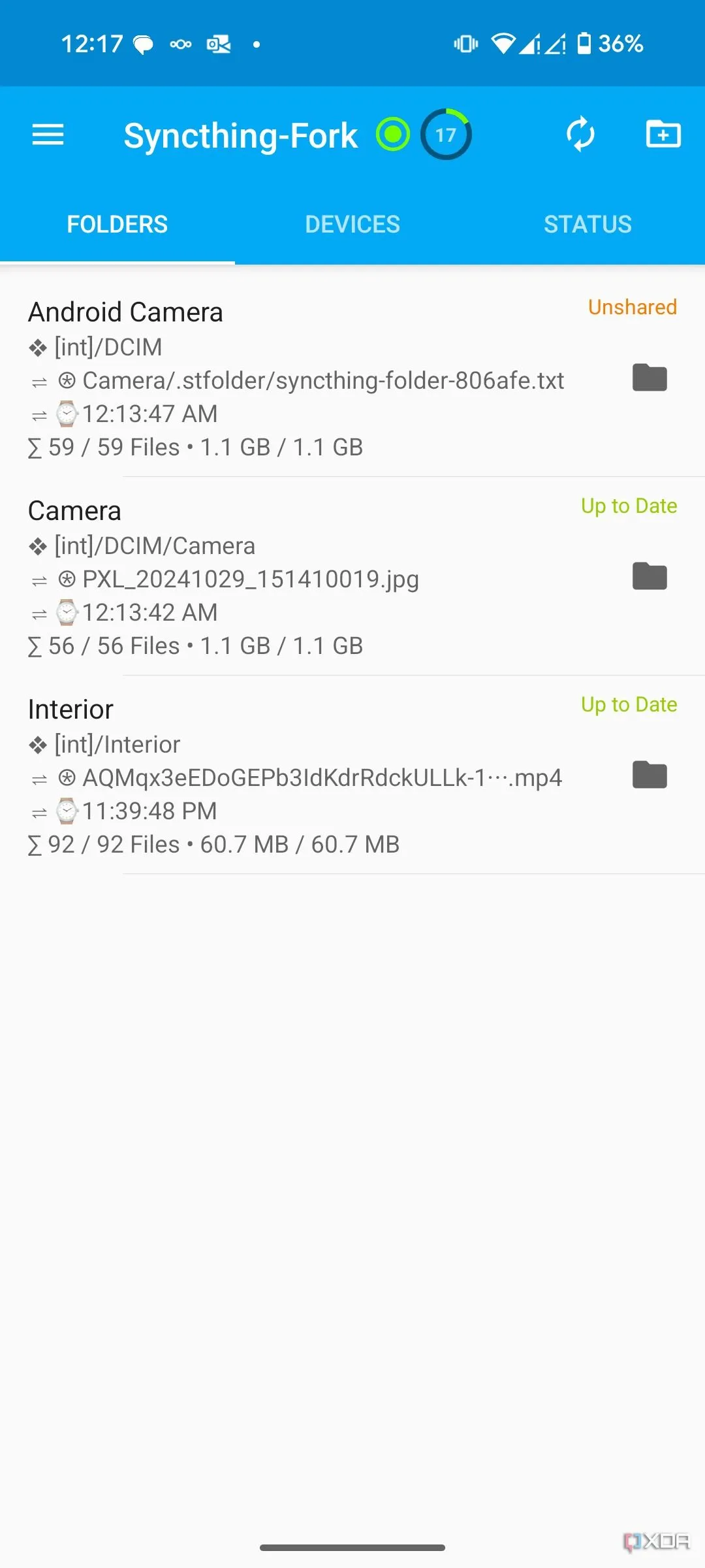 Màn hình chính ứng dụng Syncthing trên Android cho thấy sự phức tạp ban đầu