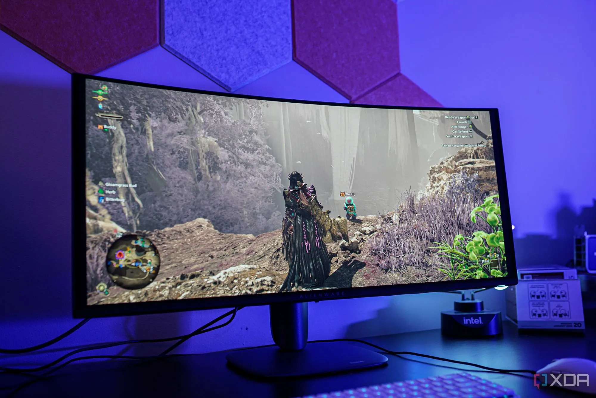 Màn hình chơi game Alienware AW3425DW, minh họa môi trường trải nghiệm game được tối ưu hiệu suất với DLDSR và DLSS