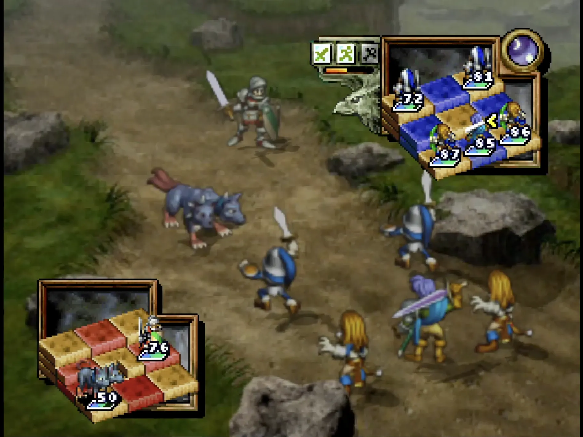 Màn hình chơi game nhập vai chiến thuật Ogre Battle 64, hiển thị các đơn vị quân đội.