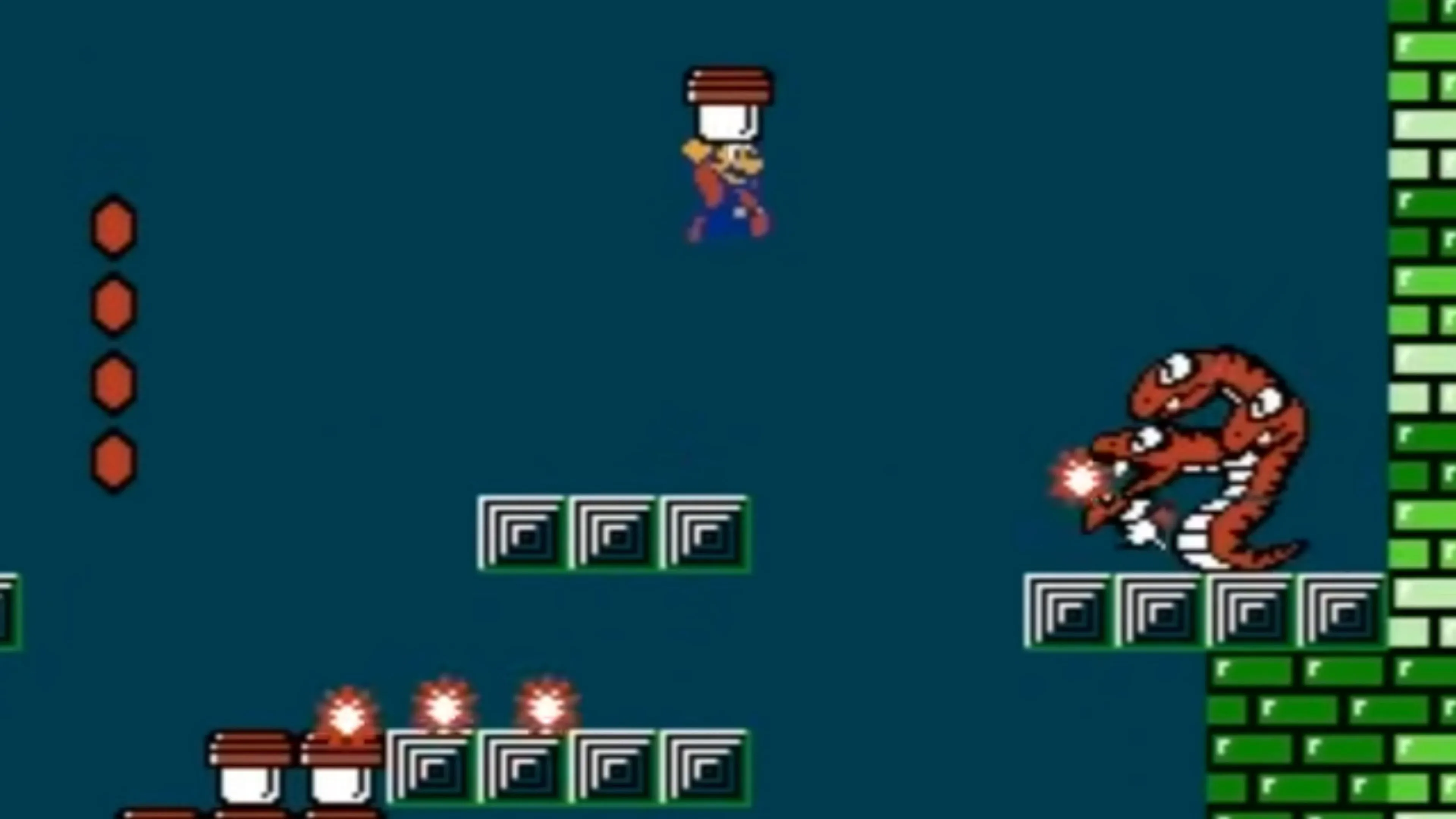 Màn hình chơi game Super Mario Bros 2 hiển thị Mario nhảy qua các chướng ngại vật