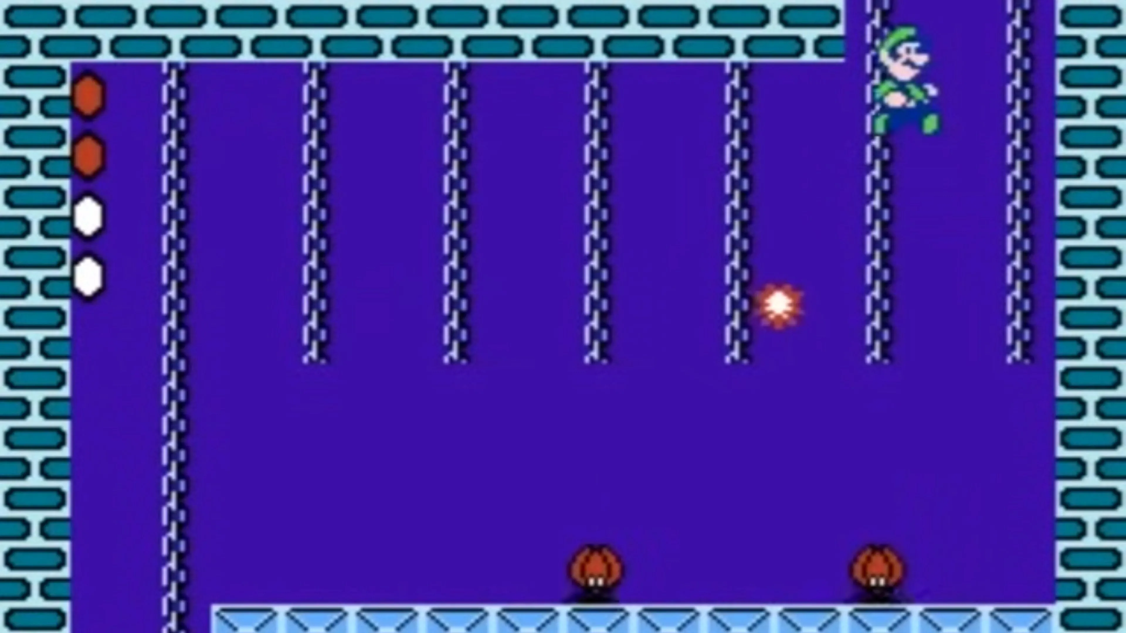 Màn hình chơi game Super Mario Bros 2 với phong cảnh cây cối và đám mây