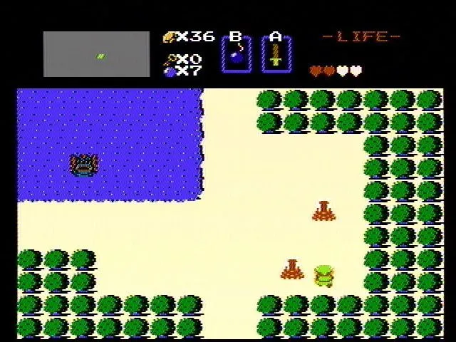 Màn hình chơi game The Legend of Zelda hiển thị Link và các vật phẩm trên bản đồ