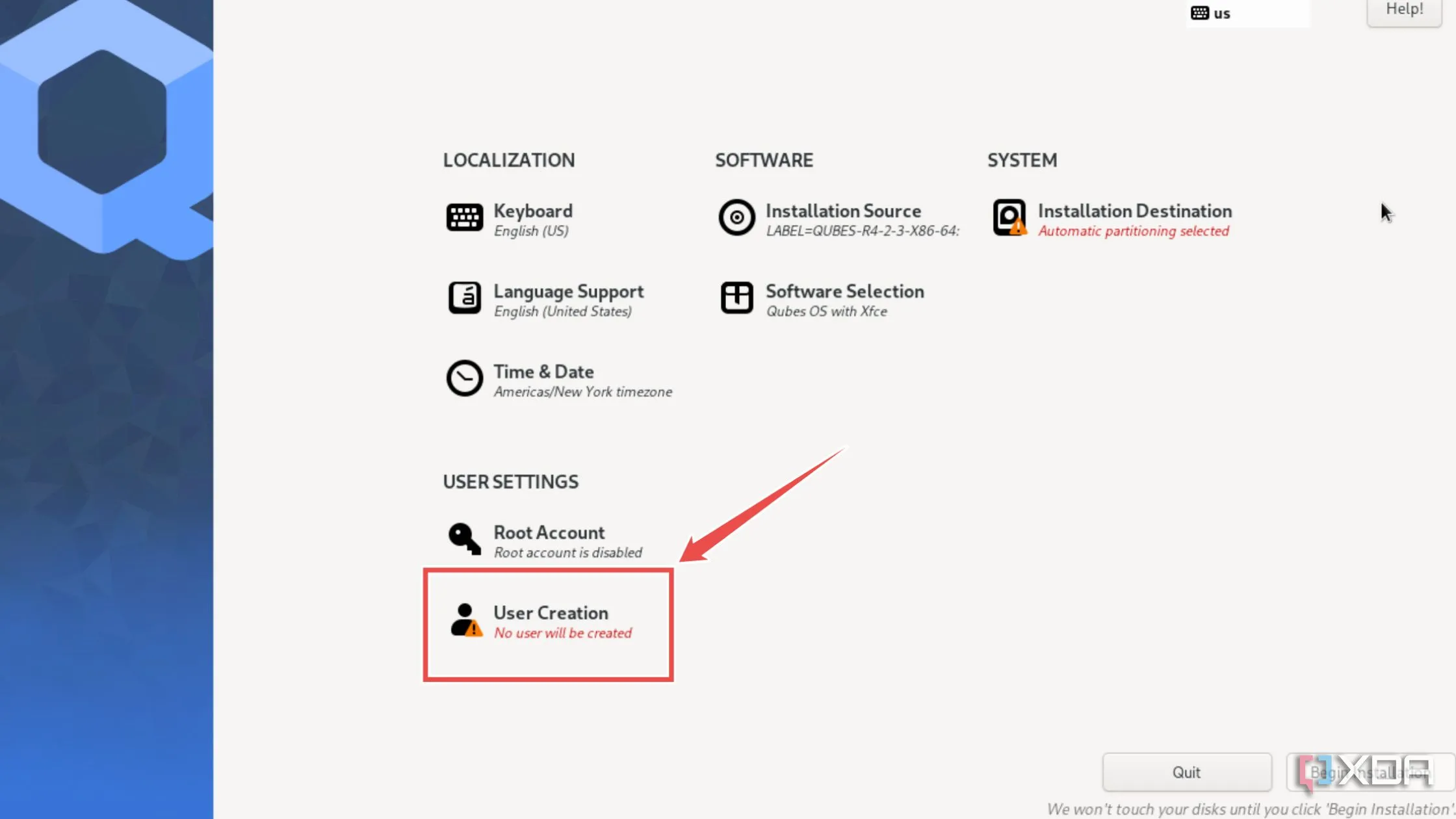Màn hình chọn tab 'User Creation' để tạo tài khoản người dùng Qubes OS