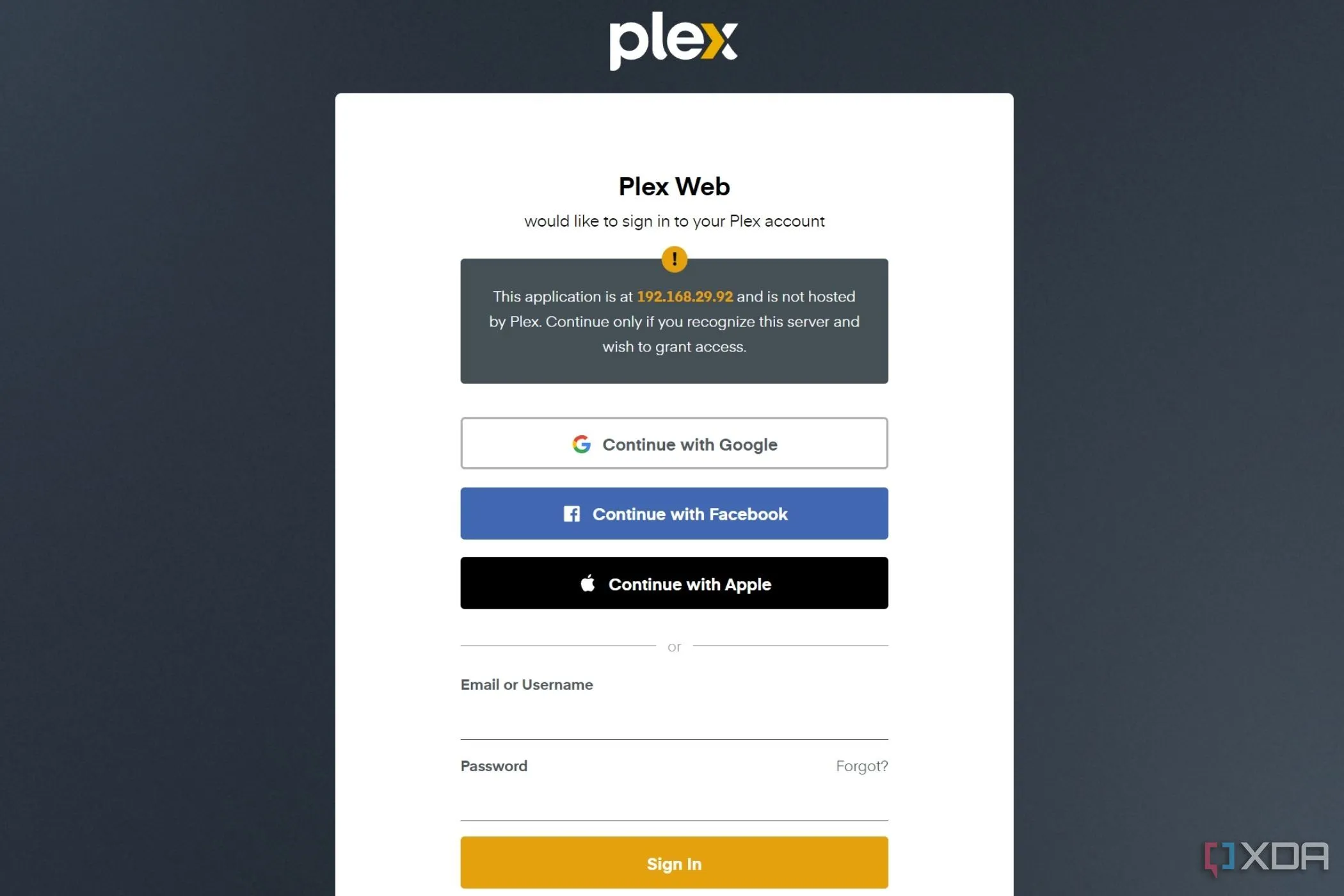 Màn hình đăng nhập của giao diện web Plex, minh họa yêu cầu tài khoản và kết nối internet ngay cả khi xem nội dung cá nhân tại nhà.