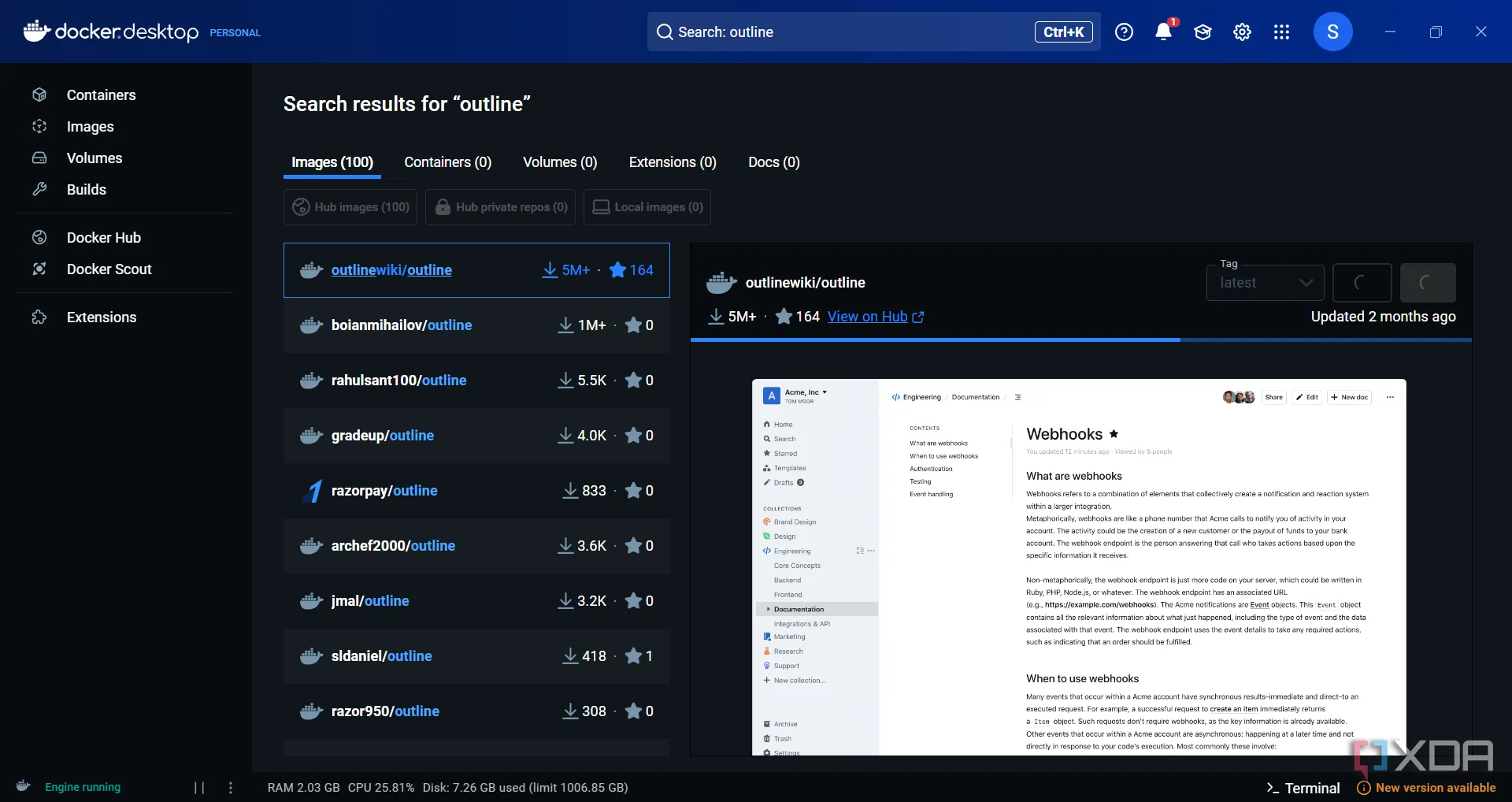 Màn hình Docker hiển thị cấu hình self-hosting của Outline