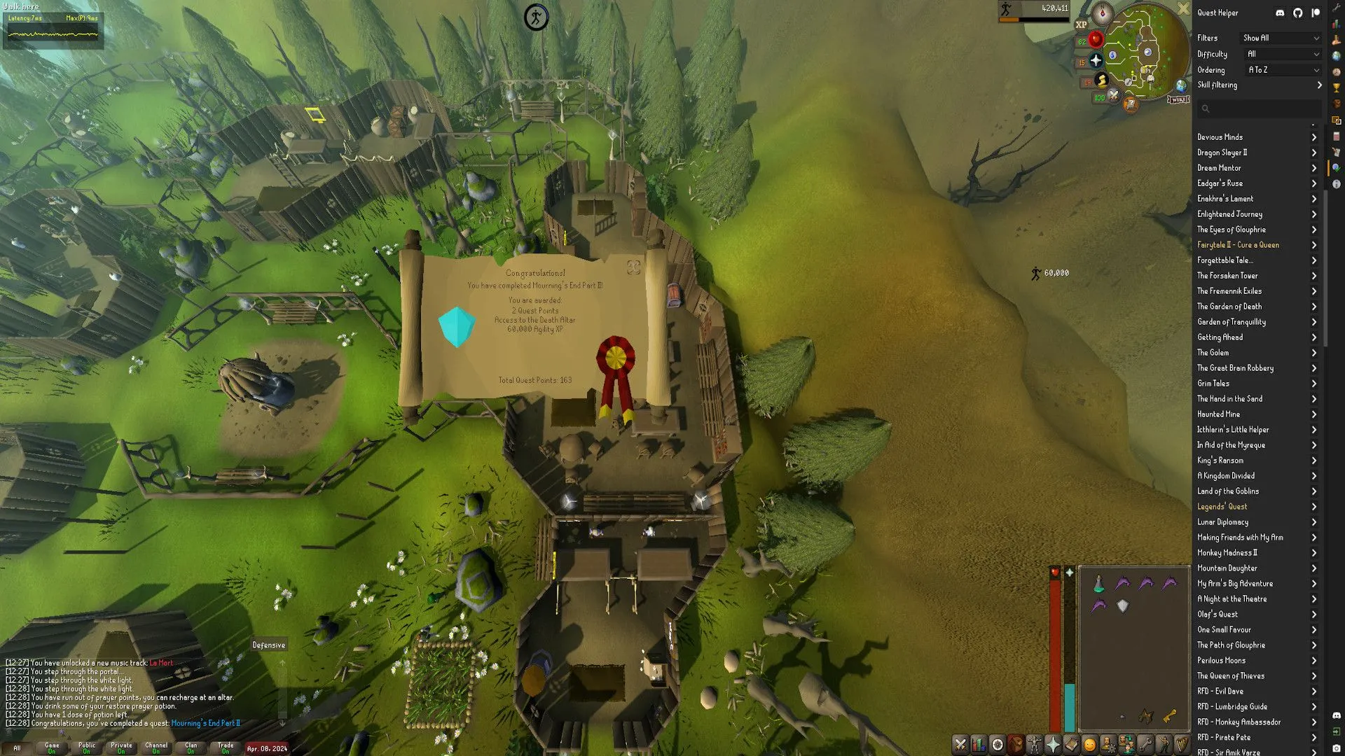 Màn hình game OldSchool RuneScape với giao diện RuneLite, hiển thị thông báo hoàn thành nhiệm vụ Mourning's End Part II