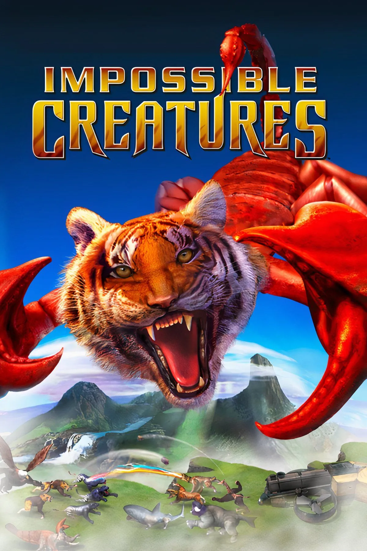 Màn hình gameplay của Impossible Creatures hiển thị các đơn vị sinh vật kỳ lạ kết hợp từ nhiều loài động vật, chiến đấu trong một khu rừng rậm