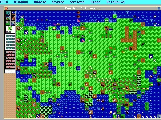 Màn hình gameplay của SimEarth: The Living Planet, hiển thị giao diện quản lý hành tinh và sự sống