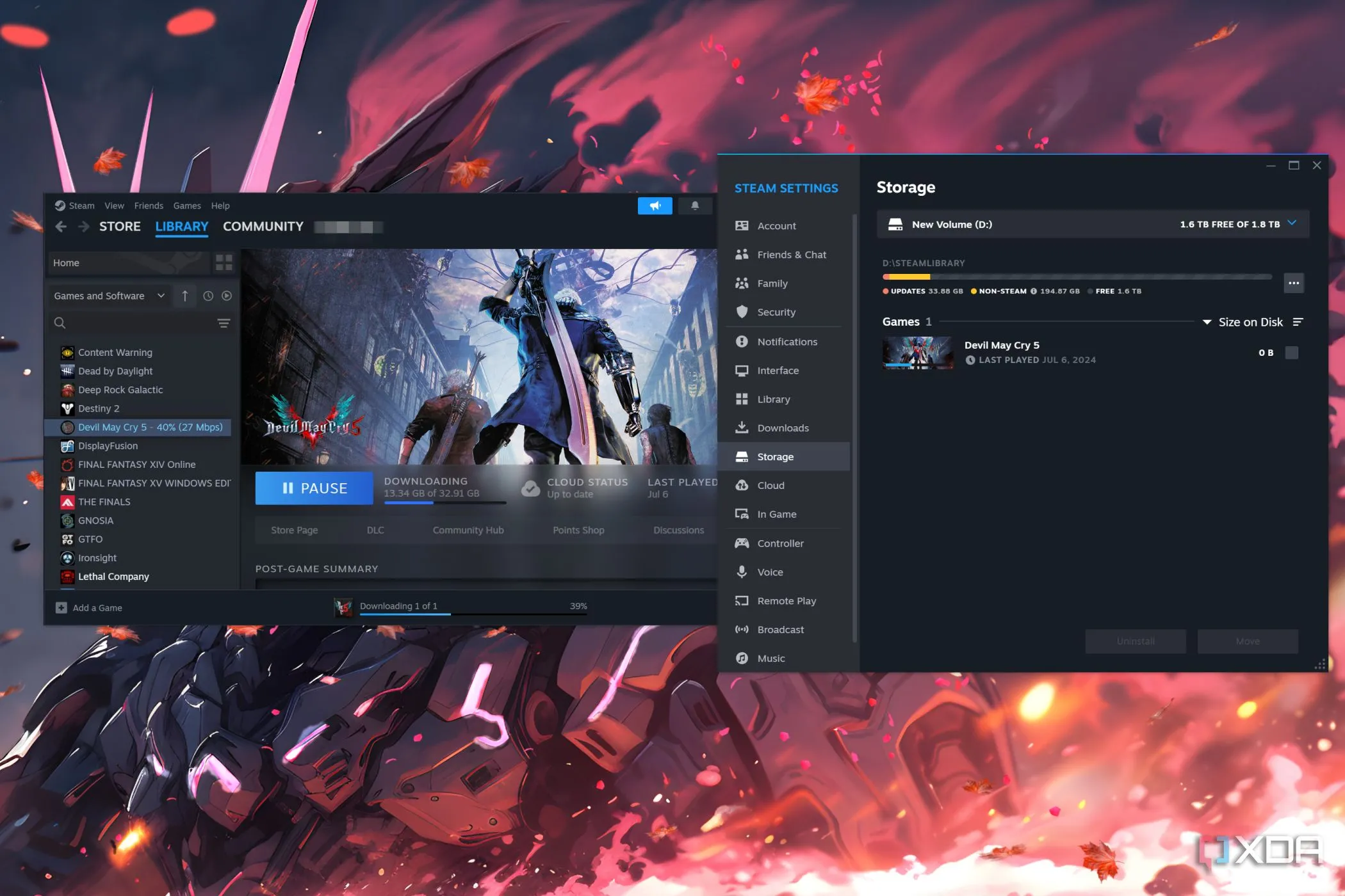 Màn hình giao diện Steam hiển thị quá trình tải game Devil May Cry 5