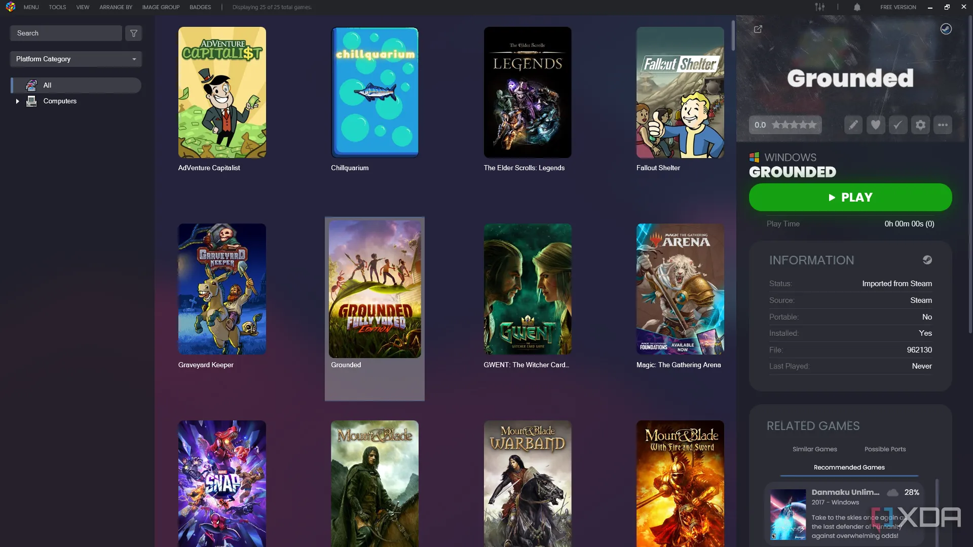 Màn hình giao diện thư viện game LaunchBox