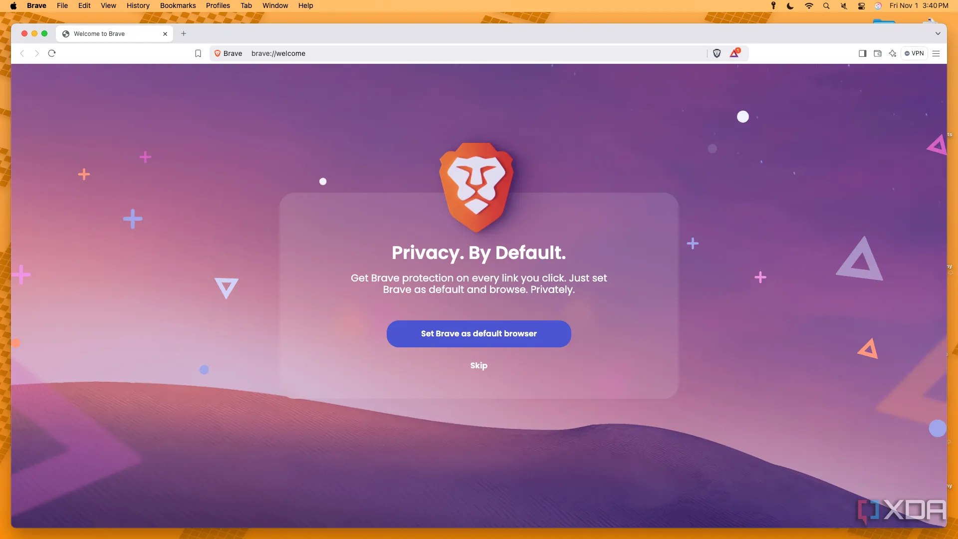 Màn hình khởi động Brave Browser trên macOS, hiển thị giao diện người dùng và các tính năng chính của trình duyệt.