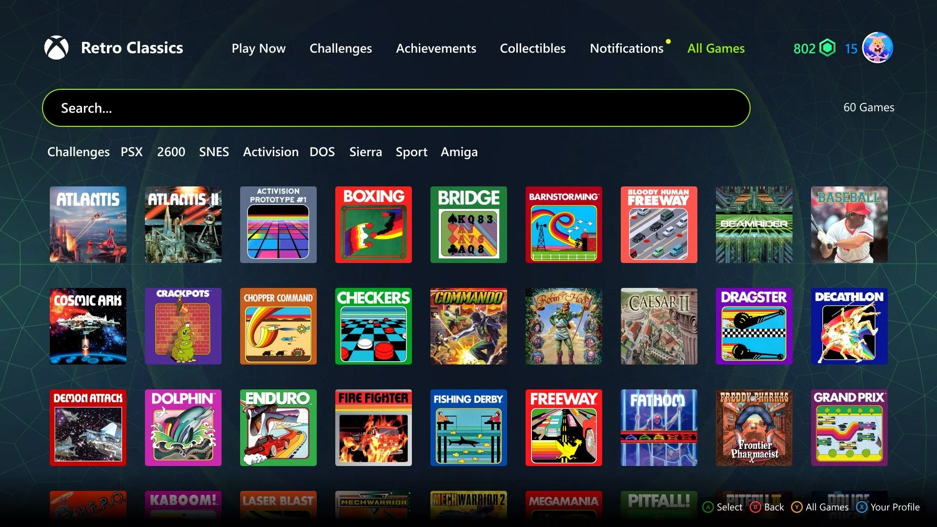 Màn hình lựa chọn game trong bộ sưu tập Retro Classics của Xbox Game Pass, hiển thị danh sách các tựa game retro
