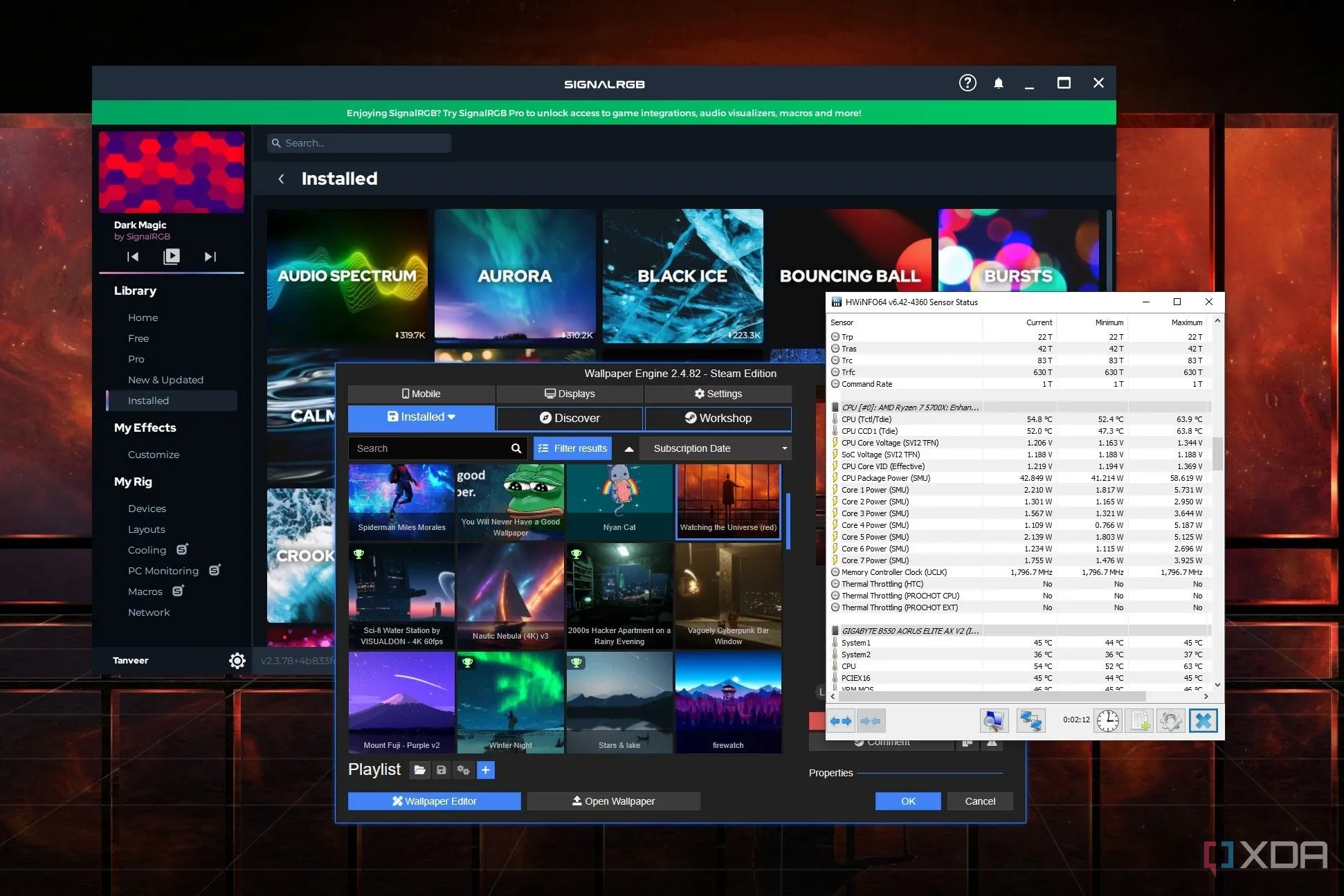 Màn hình máy tính hiển thị các ứng dụng như SignalRGB, Wallpaper Engine và HWiNFO, cho thấy việc sử dụng PC gaming cho nhiều mục đích ngoài chơi game.